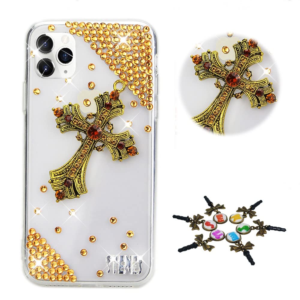 STENES Sparkle Case Compatible with T-Mobile REVVL 7 Pro 5G Case - STYLISH - 3D Handmade Bling Retro Cross Rhinestone Crystal Diamond Design Girls Women Cover - Champagne