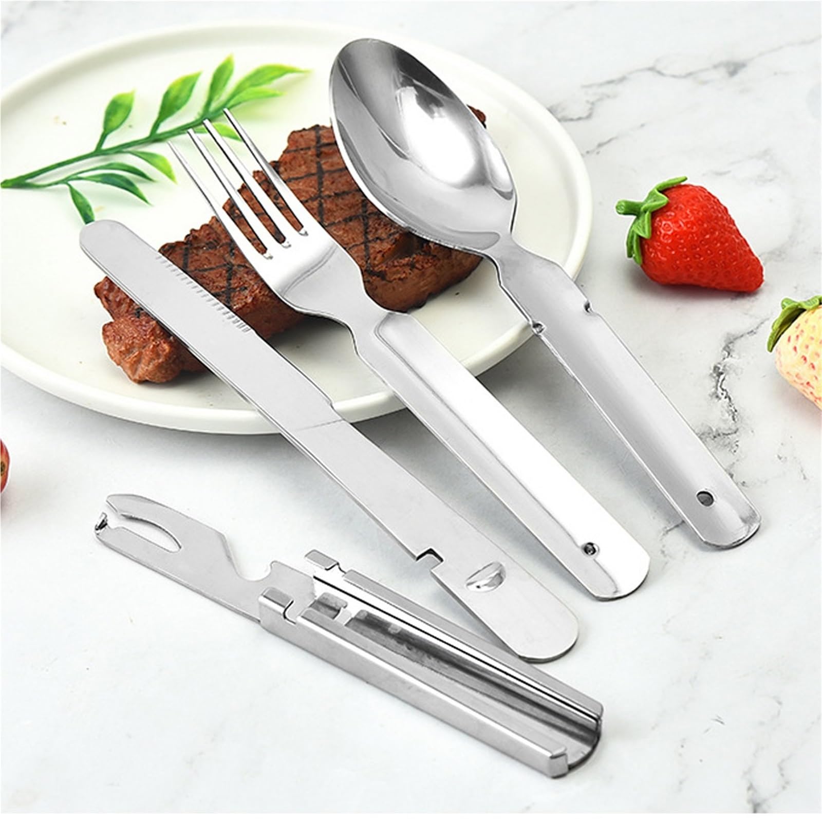 Juego de cuchillo, tenedor y cuchara Cuchara, tenedor, cuchillo y abrelatas/botellas portátiles de acero inoxidable 4 en 1 for acampar, utensilios de camping, multiherramienta de viaje