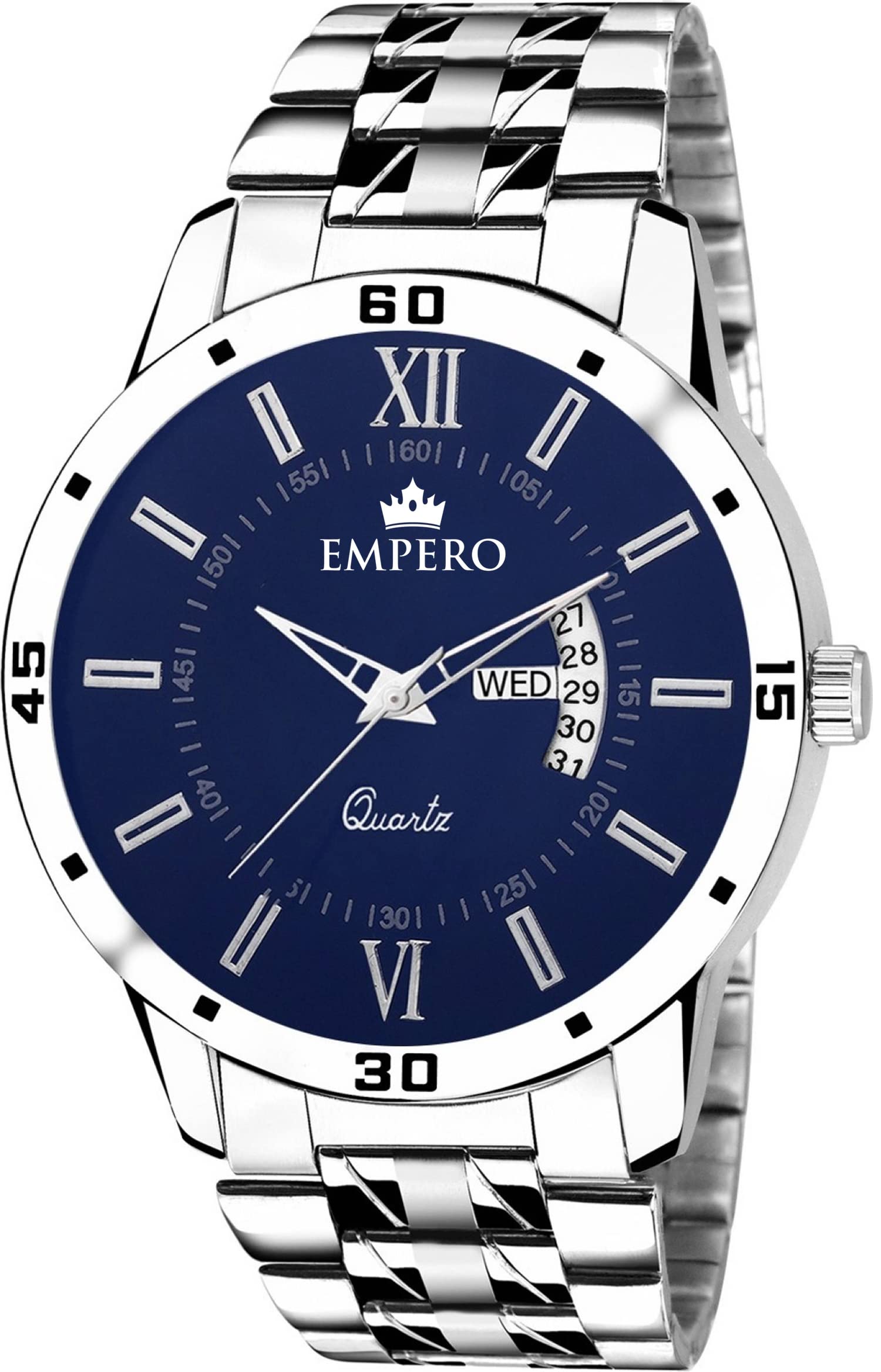 EMPERO-08 Silver Stainless Steel Day and Date Analog Mens Watch (Blue) (B0C1NT5T2J) Amazon Price History, Amazon Price Tracker