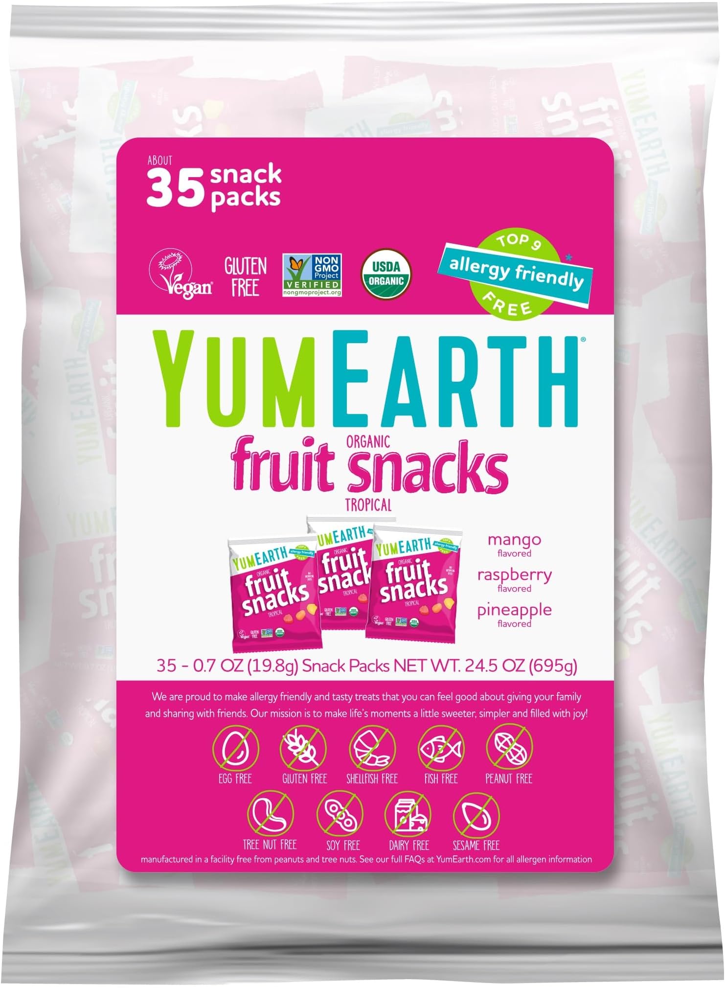 YumEarth Organic Tropical Fruit Snacks (Pack of 35) - 0.7 Ounce Snacks Packs - Non GMO, Gluten Free, Vegan, Dye Free - Pineapple, Raspberry, Mango