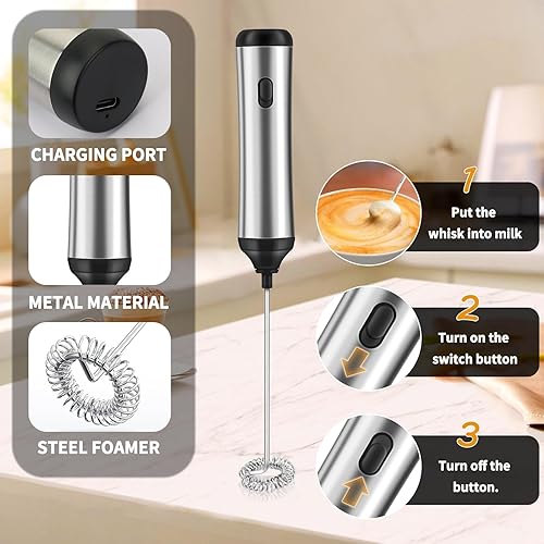 Miniatura 3 de FYY Varita espumadora de leche de mano, máquina eléctrica de espuma con batidor de acero inoxidable, mezclador de bebidas recargable con cable USB-C