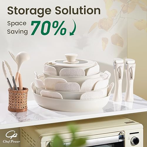 Miniatura 3 de Juego de utensilios de cocina de cerámica no tóxicos con asas desmontables, sartenes y ollas antiadherentes saludables, juego de 19 piezas, juego de