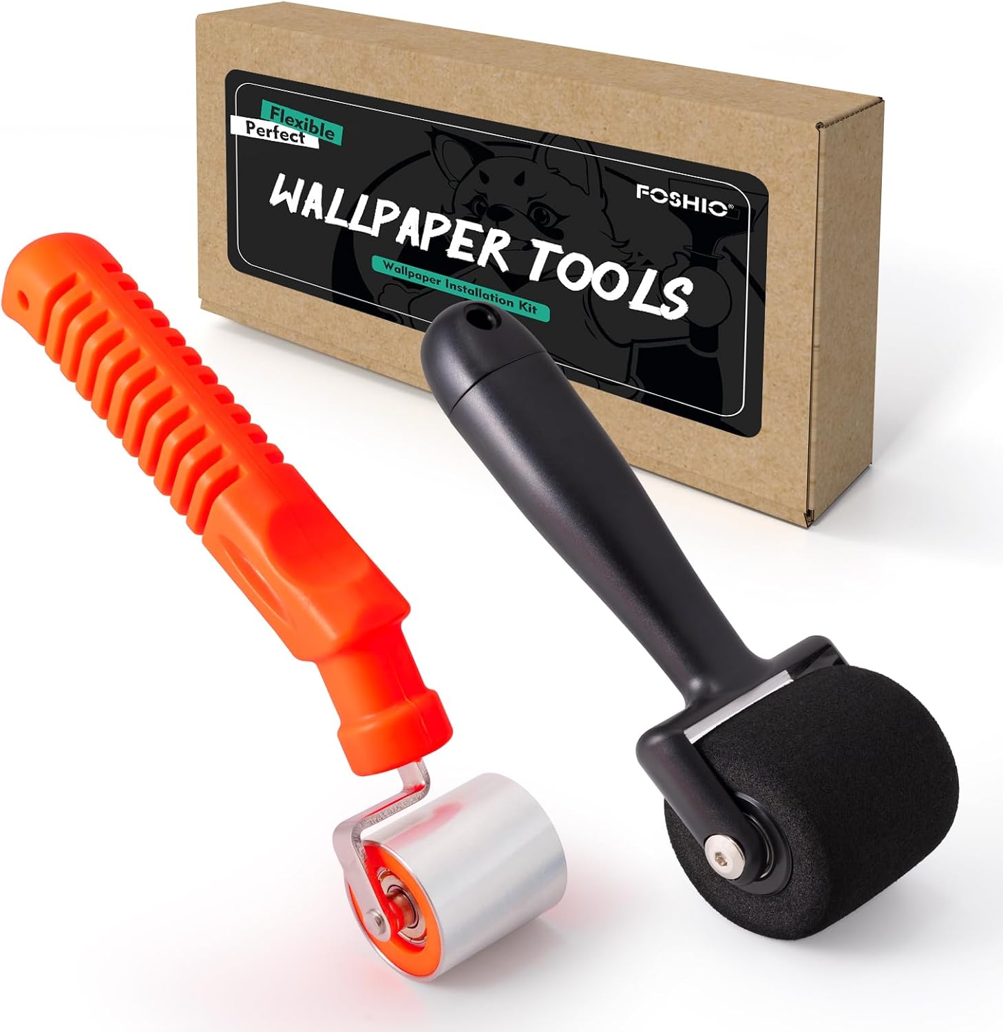 FOSHIO 2 Pack Seam Roller Kit, Sponge Roller & Stainless Steel Roller with Anti-Slip Handle, Pressing Out Seams for Wallpaper, Vinyl, Window Film, Car Audio Sound Deadening Application