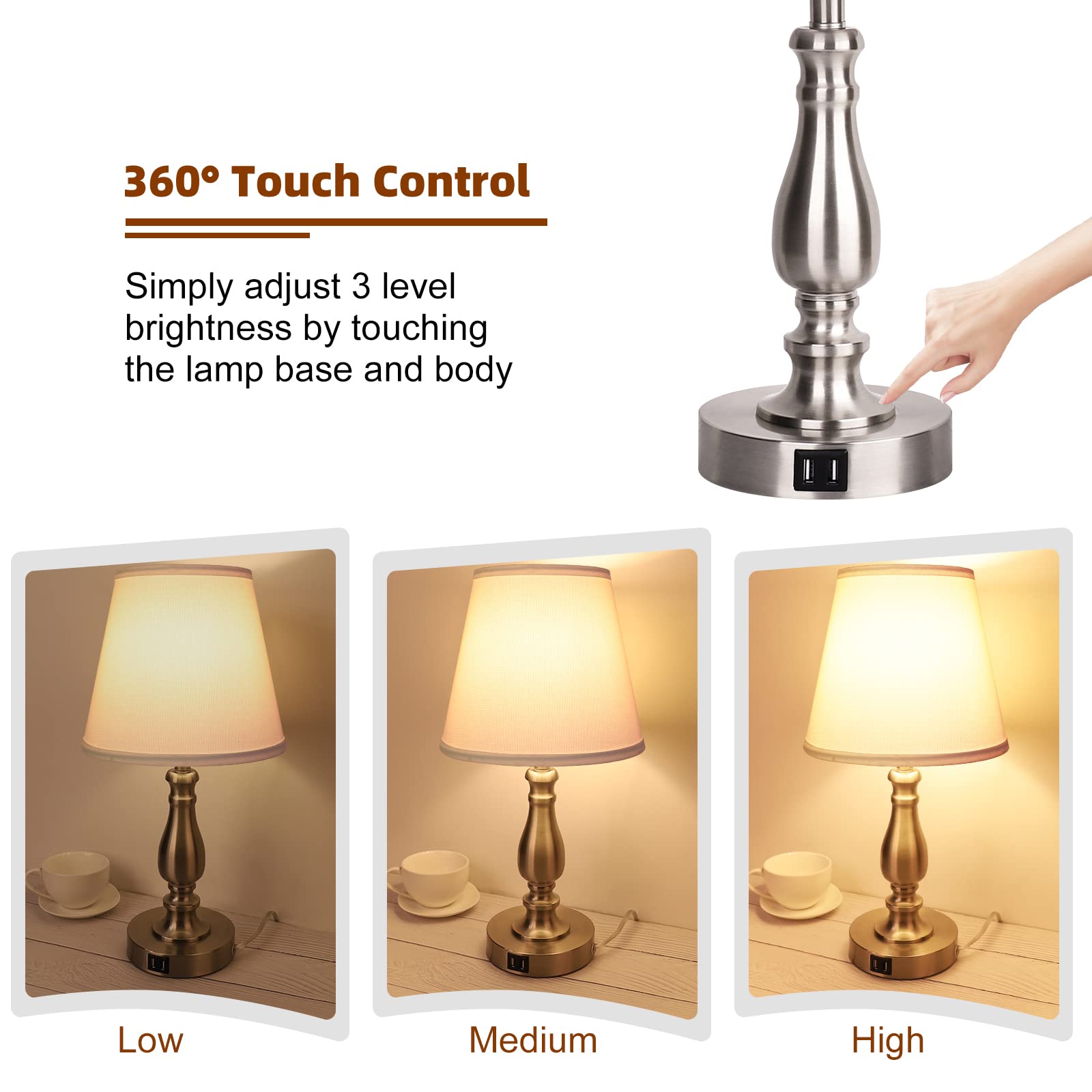 Touch Control Bedside Lamps with 2 USB Charging Ports, 3 Ways Dimmable Nightstand Lamps with A19 6W LED Bulb, USB Modern Fabric Table Lamps for Bedroom, Living Room, Office Set of 2, Brushed Nickel