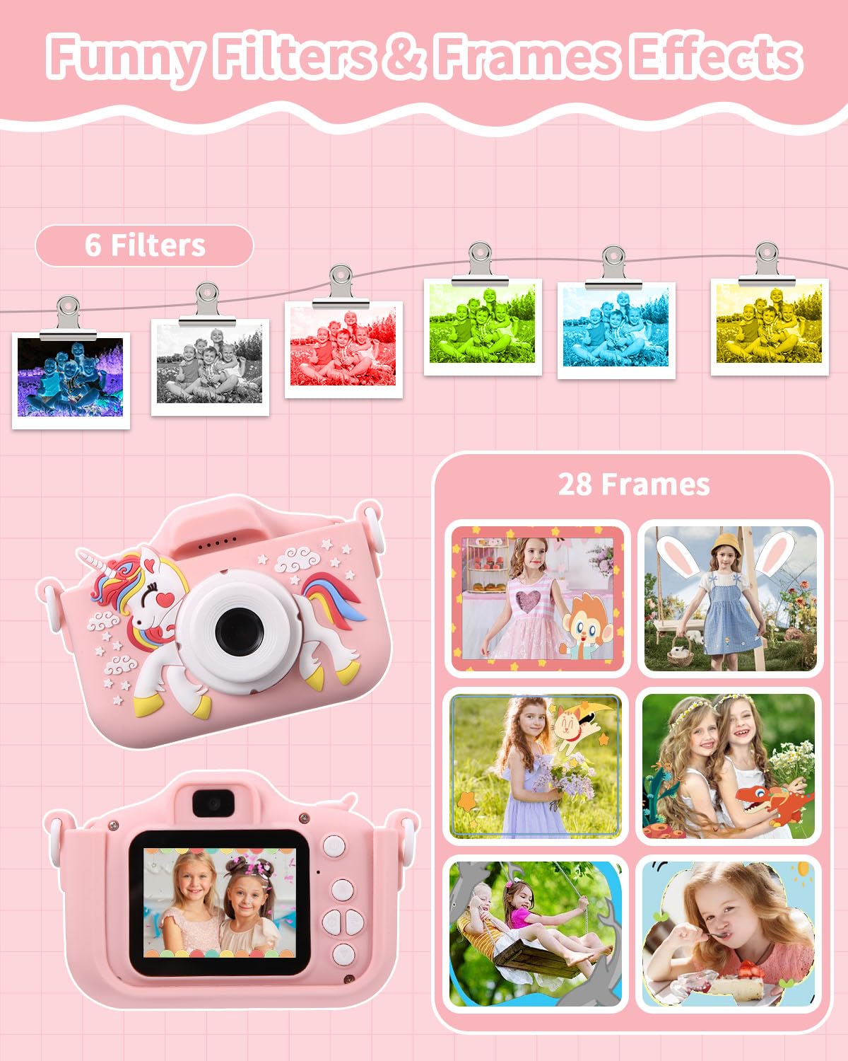 Appareil Photo pour Enfants, 2.0 Pouces Enfant Appareil Photo Numérique, Mini Caméra Rechargeable Caméscope Cadeau Jouet Filles Garçons de 3 à 10 Ans, vidéo HD 1080p,64G SD Carte,Caméras Jeu Enfant - 4