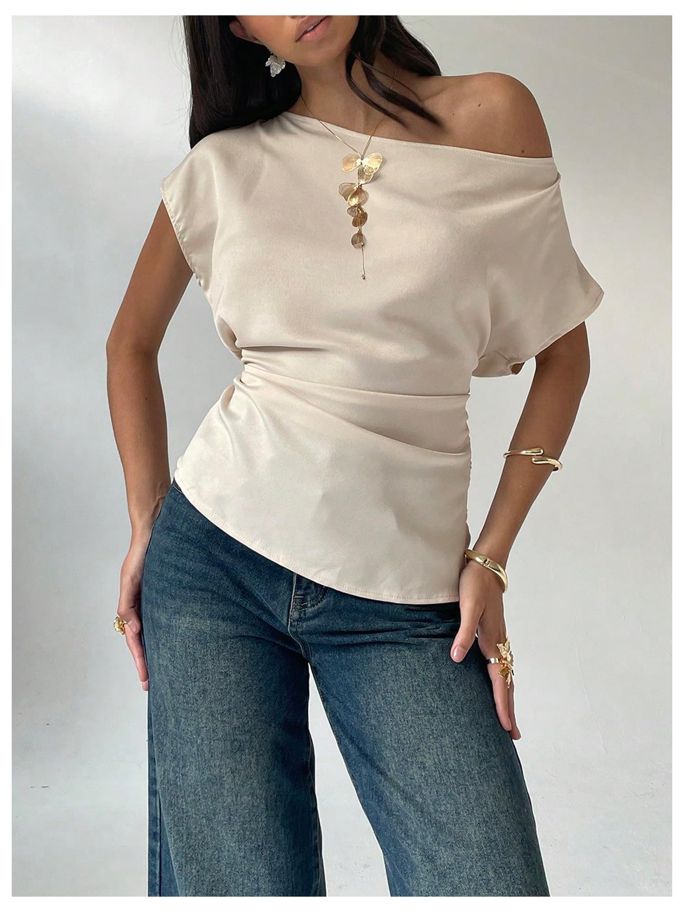 Floerns Women's Elegant Off The Shoulder Shirts Ruched Short Sleeve Dressy Casual Blouses