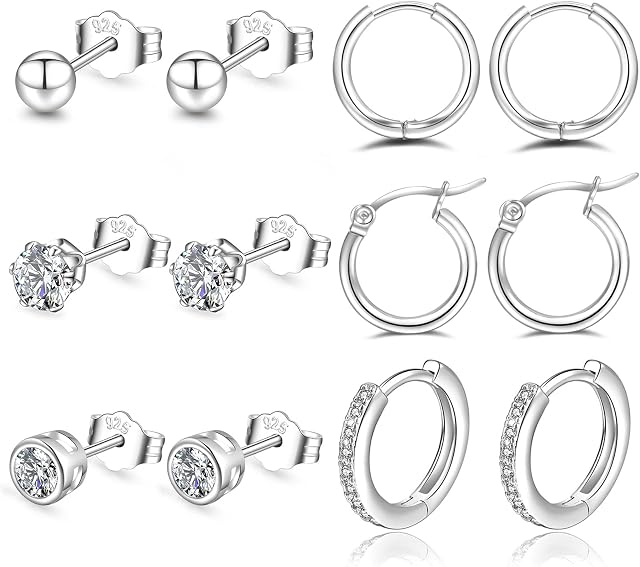 S925 Sterling Silver Stud Earrings, Silver Hoops Earrings for Women with Silver Stud Earrings Set 4/6/8 Pairs Small Cartilage Huggie Earring Star Moon Ball Heart CZ Studs