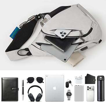 mixi Sling Bag Men Backpack Unisex One Shoulder Bag Hiking Travel Backpack Crossbody with USB Port for Men Women Versatile Casual Daypack-17 inch, Beige