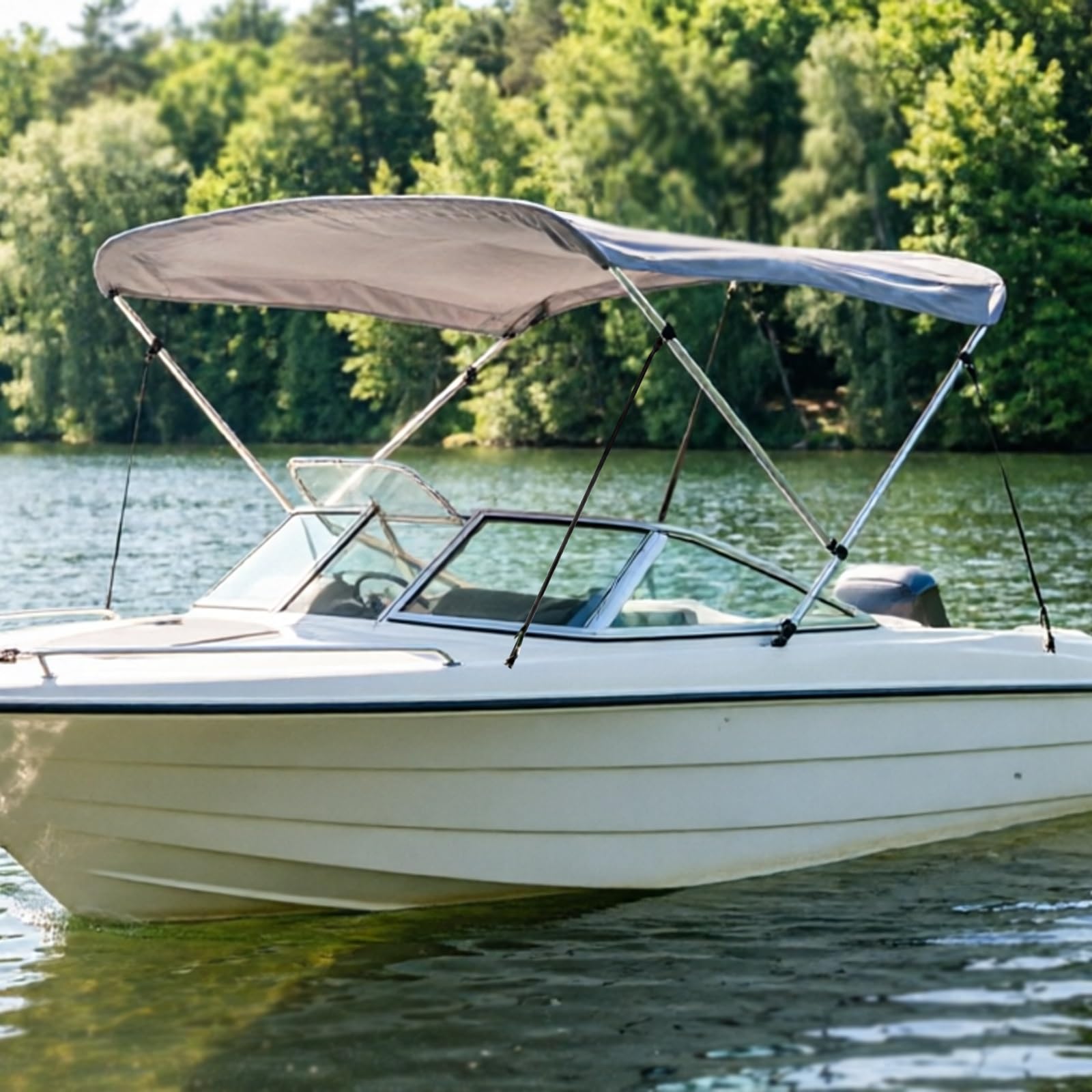 Bimini do Łodzi z 2 Dziobami, Aluminiowa Rama z Bagażnikiem, Tkanina Oxford 900D, Bimini do Łodzi z 4 Paskami I 2 Typami Podstaw Montażowych