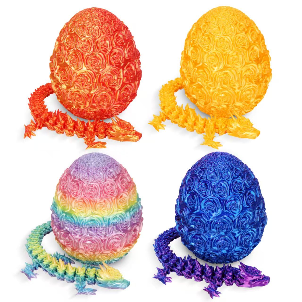 4 Pack 3D Printed Dragon,Dragon Eggs with Dragon Inside - Desktop Decor Collectible, Dragon Toy with Roses Design, for Boys and Girls