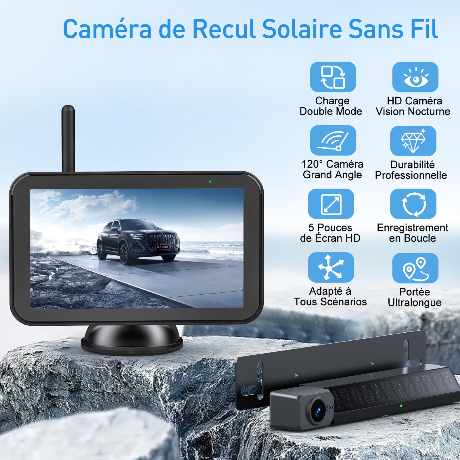 5" Caméra de Recul sans Fil Solaire, 2 Mins Installation Facile | Caméra de Recul Kit IR Vision Nocturne, IP66 Imperméable, Signal Numérique Stable, pour Fourgon/Camion Car/RV/SUV/Remorque