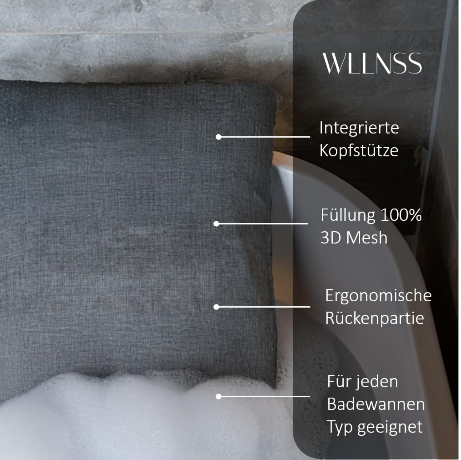 Badewannen Kissen Made in EU - grau 60 x 40 cm - schnell trocknendes Premium Badewannenkissen mit ergonomischer Kopfstütze Wanne für Kopf Nacken Rücken Ganzkörper