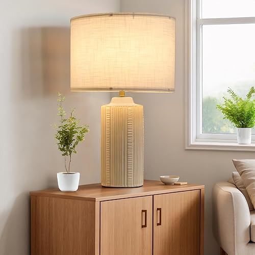 Miniatura 5 de Juego de dos lámparas de mesa de cerámica de 23 pulgadas, lámpara de escritorio de cerámica blanca para sala de estar, lámpara de noche de granja