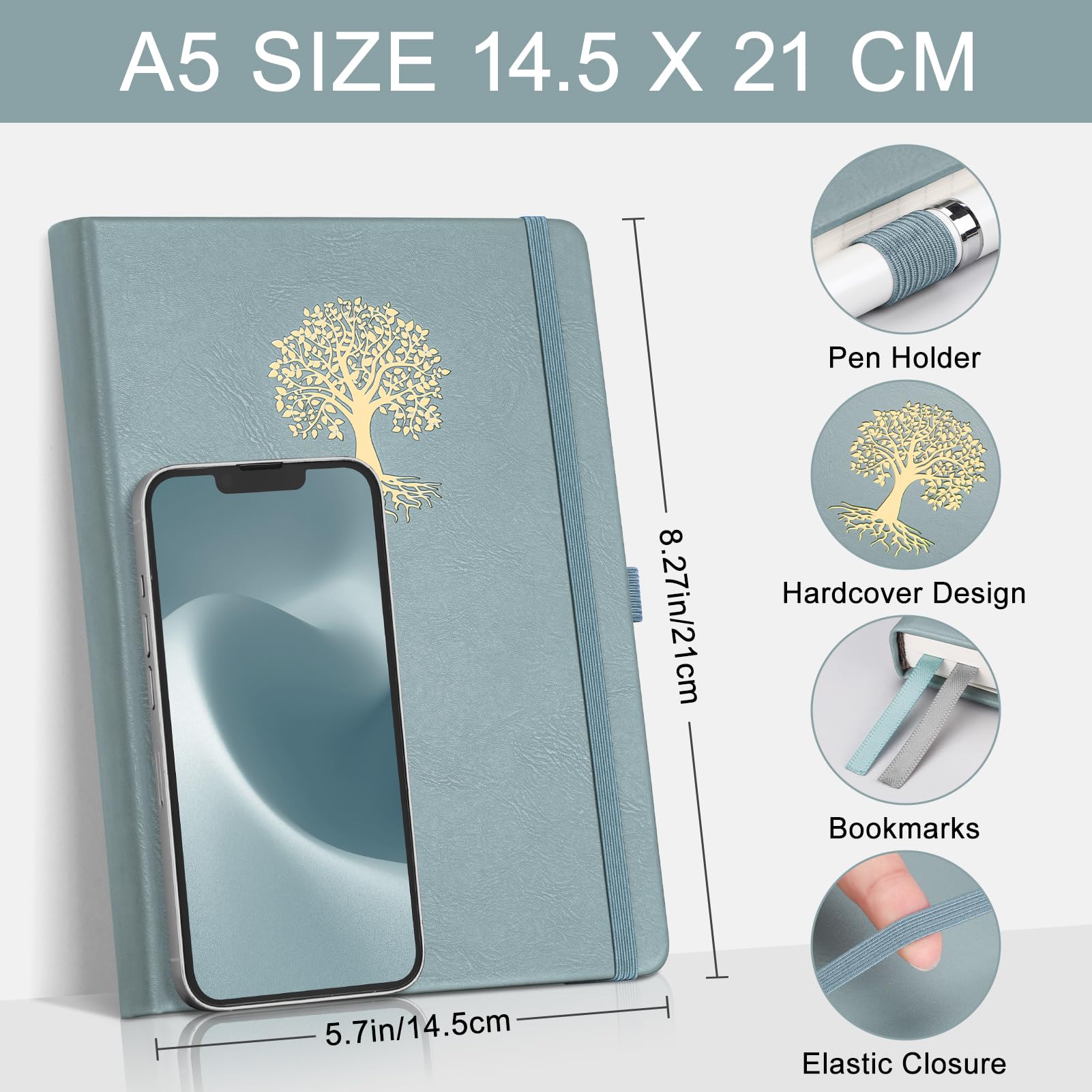 EMSHOI Notebook A5 Lined, 100gsm Hardcover Leather Journal with Sticky Notes - Image 2