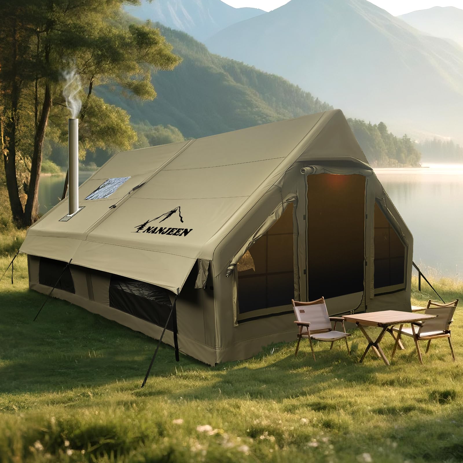 NANJEEN® | Large Luxury Inflatable Camping Tent,Wind & Rain Resistant,12㎡ Interior,2-4-6-8-10 Person Shelter,8 Minutes Fast Setup with Hand Pump,Chimney Port, Dual Doors,Mosquito-Proof Mesh Windows