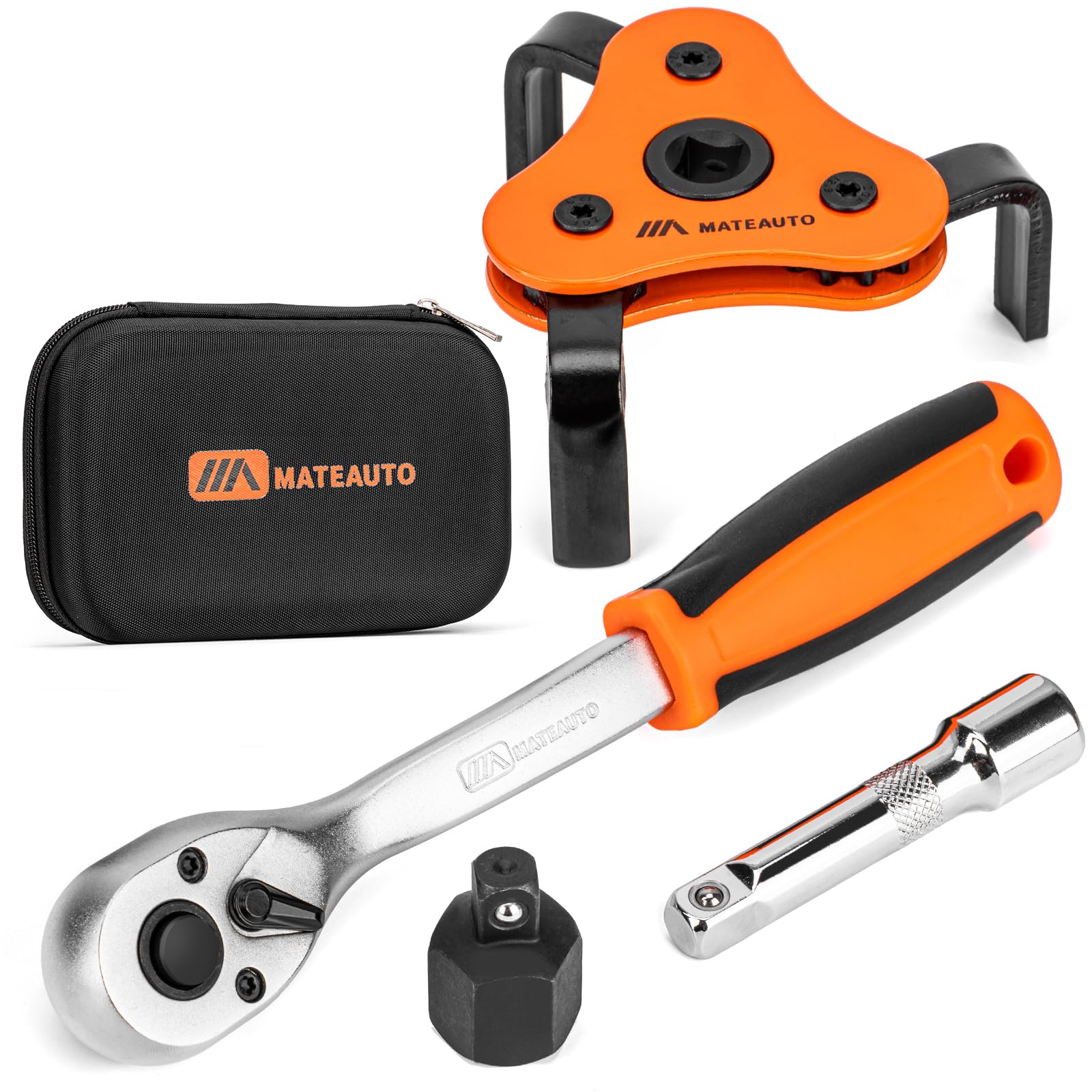 MateAuto 3-Jaw Adjustable Oil Filter Wrench Set from 2-1/8 to 4-1/2 inches(54-115mm), Universal Oil Filter Wrench with Quick Release Ratchet and Case,