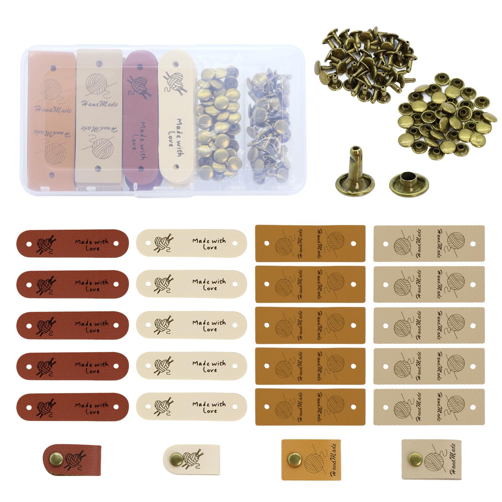 Dupoem 20er-Packung Handgefertigte Lederanhänger, Nietenanhänger aus PU-Leder, 4 Ausführungen, zum Individuellen Nähen und Häkeln von Handgefertigten Anhängern, Geeignet für DIY-Nähdekorationen