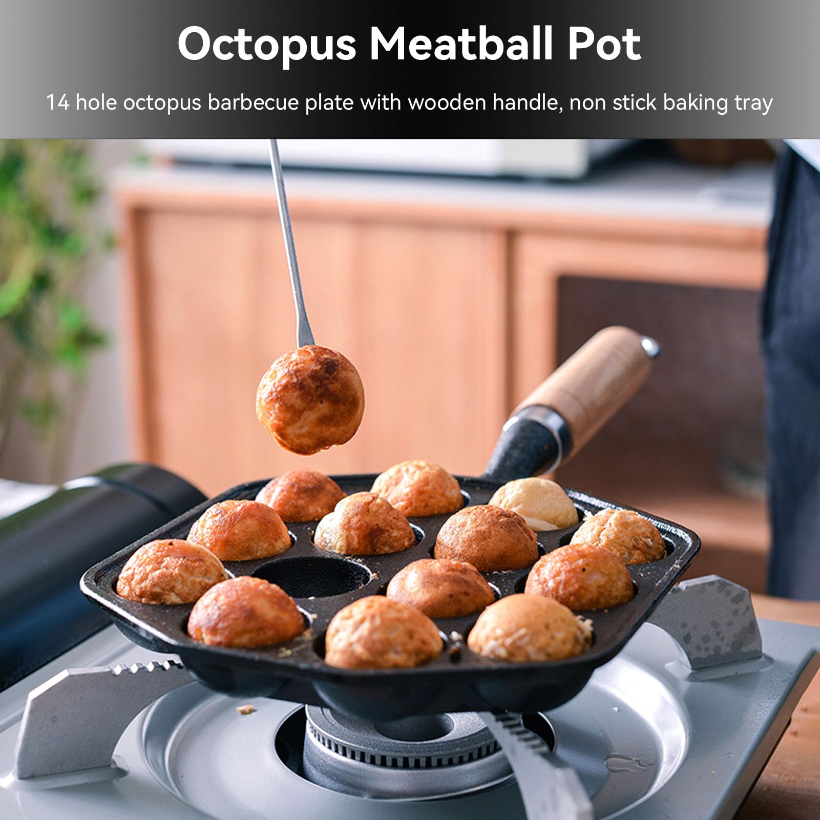 Takoyaki Maker 14 Fori Grill Pan Aebleskiver Padella Antiaderente Manico Legno