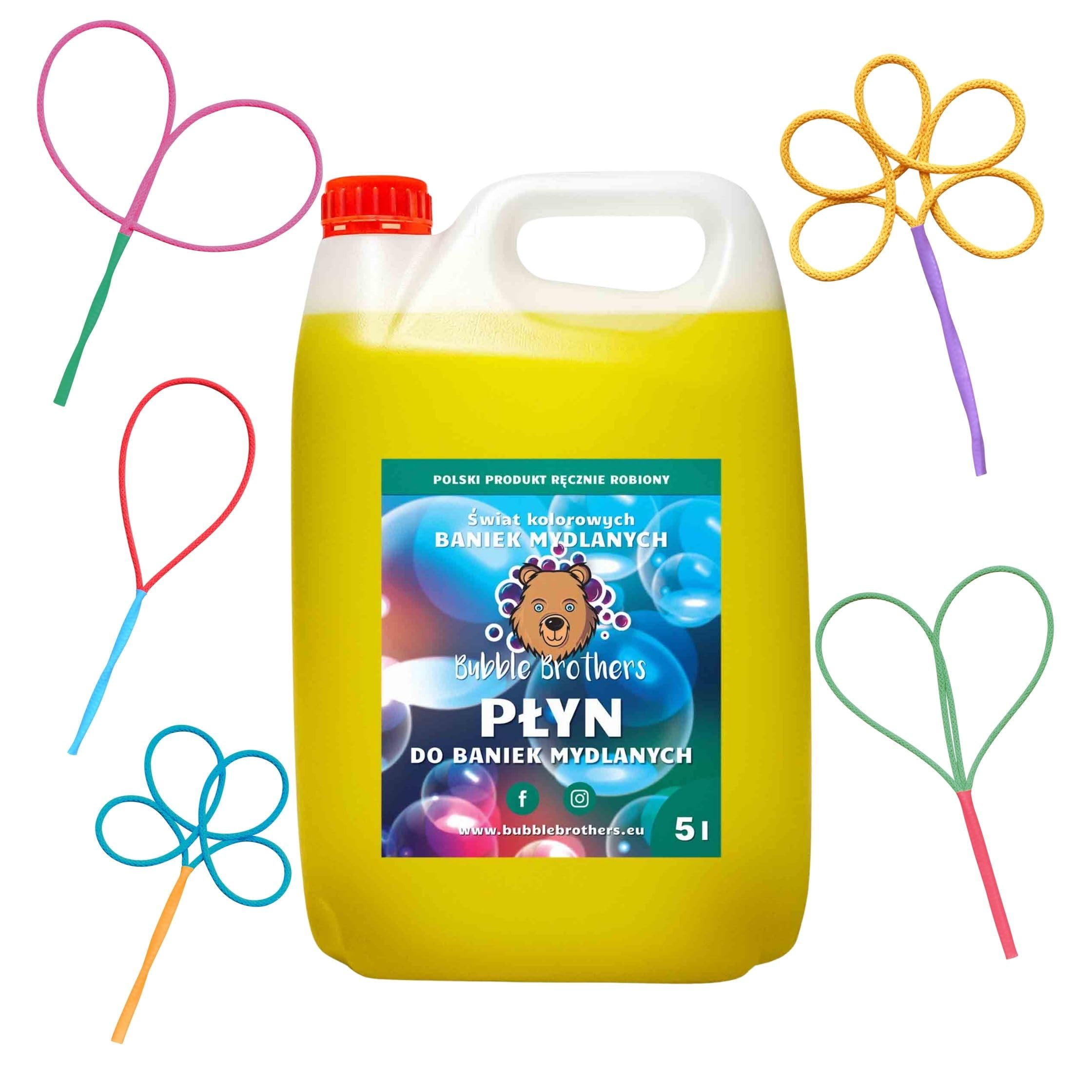 Bubble Brothers Zestaw baniek mydlanych, 5 sztuk, pałeczki do baniek mydlanych i płyn do baniek mydlanych, 5 l, roztwór do baniek mydlanych, stabilne bańki mydlane, butelka do