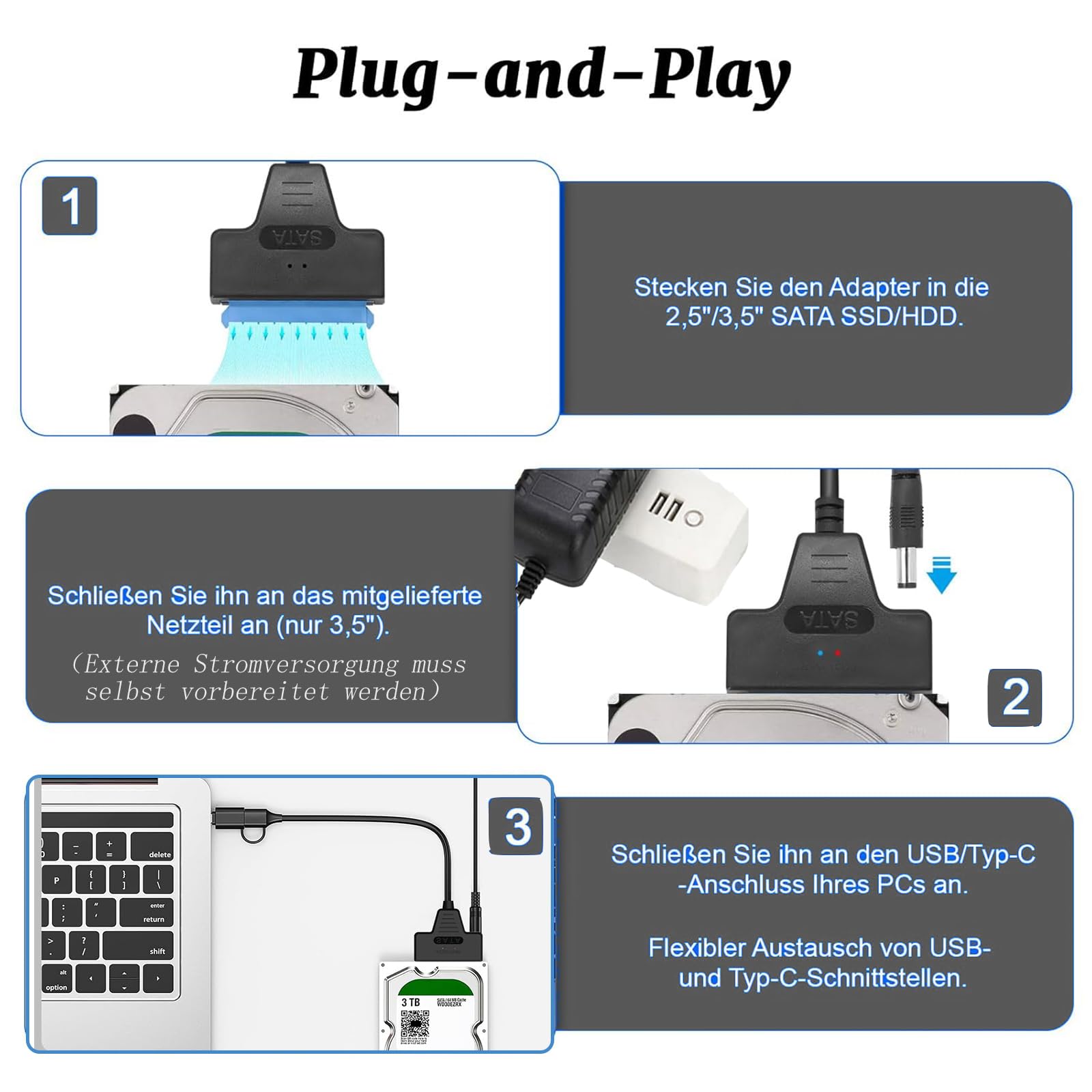 GERUI Adapter kabel USB 3.0 do SATA, kabel SATA do USB, adapter 2-w-1 USB C/3.0 do dysków twardych III, kompatybilny z 2,5-calowymi HDD i SSD (2 sztuki)