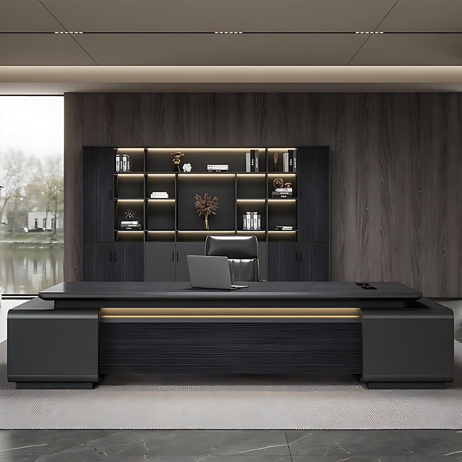 Executive Desk - Elegant Office Desk with 2 Drawers and 3 Lockers, Solid Wood Home Office Desks with Large Desktop and Computer Host Position (94.5IN)