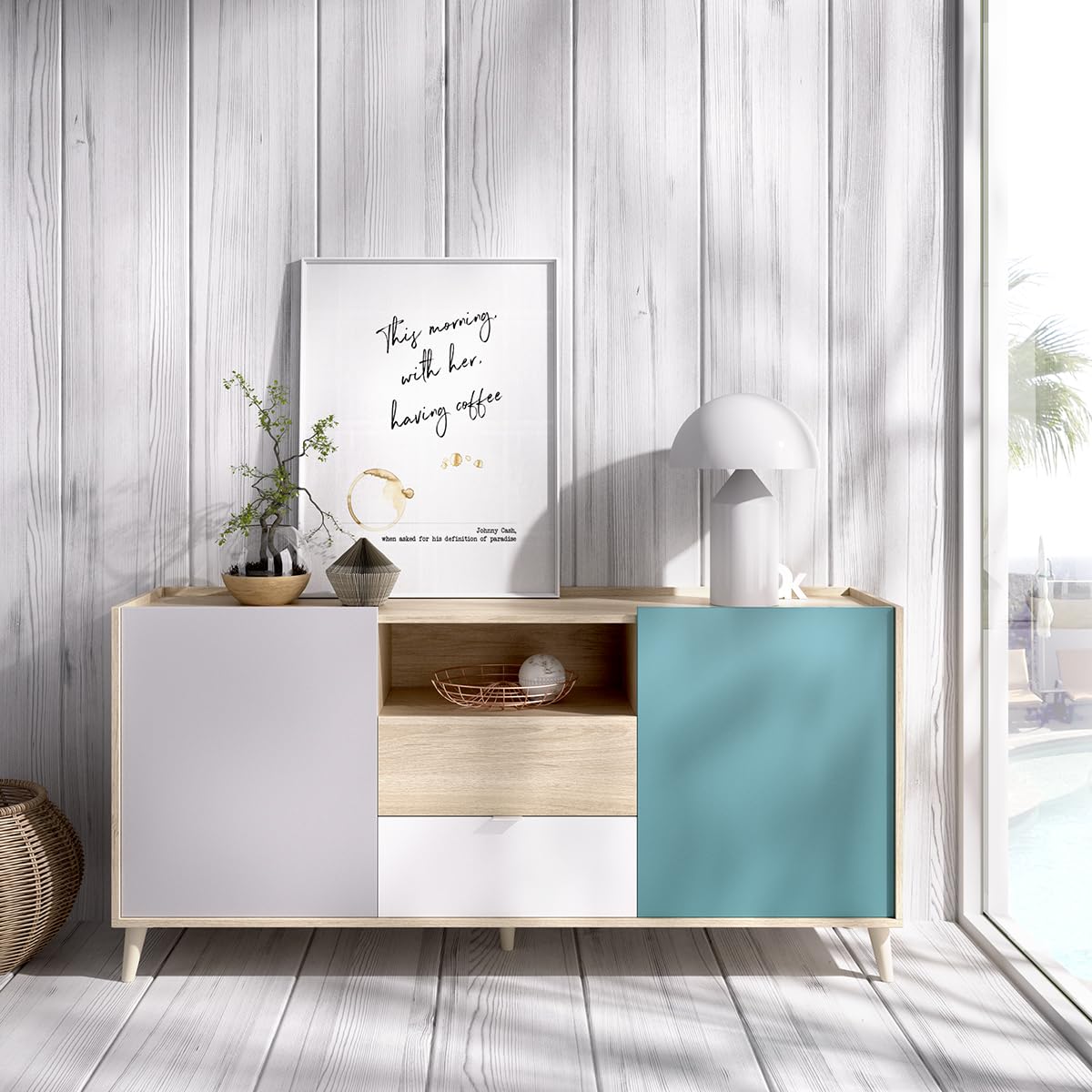 DEKIT GRUPO RIMOBEL NOVA - APARADOR DE 2 PUERTAS Y 2 CAJONES CON ALMACENAJE -75X155X43 cm - BLANCO / NATURAL / GRIS / ESMERALDA