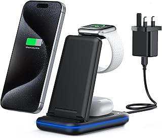 TECKNET 3-in-1 Wireless Charging Station, 15W Fast Charging Stand for iPhone 16/15/14/13/12/11, Apple Watch & AirPods with 18W UK Adapter