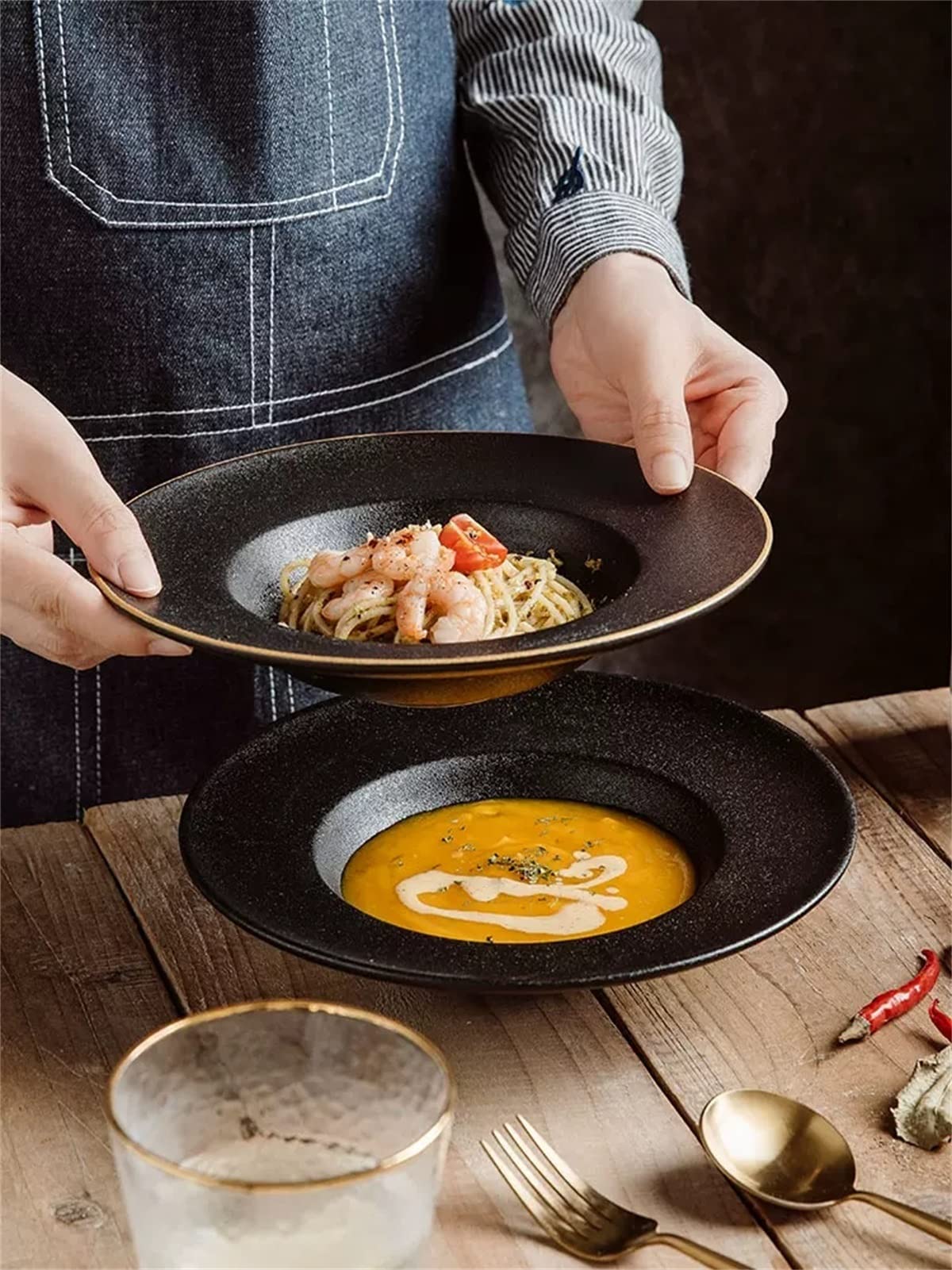 22,9 cm große Pasta- oder Suppenschüsseln mit Randtellern, Keramikschalen, tolle Müslischalen, Salat, Reis, hitze- und kältebeständiges Porzellan, tiefe Suppenschüsseln in mattschwarz ( Color : Black