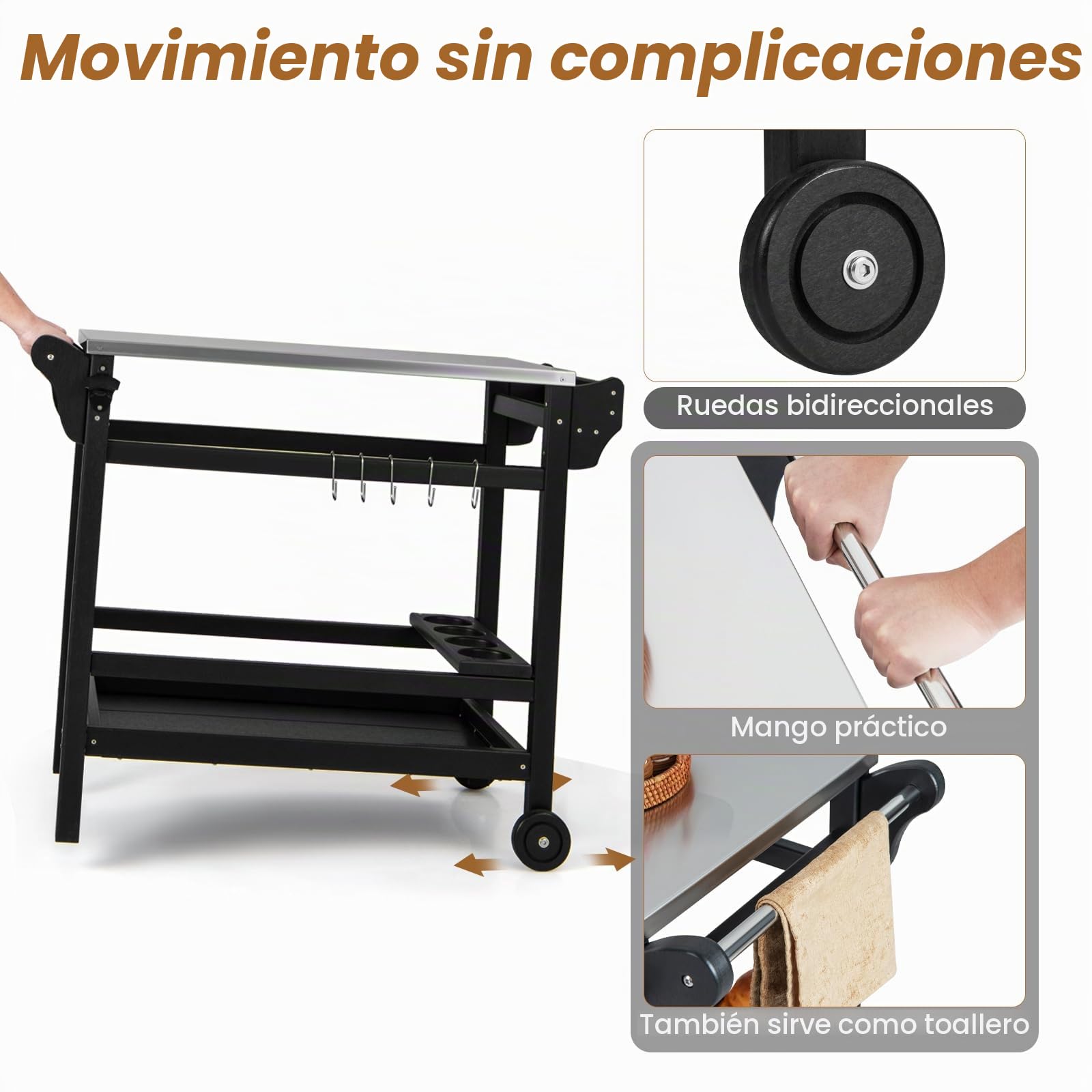 KOMFOTTEU Carro de Barbacoa con Encimera de Acero Inoxidable, Carrito de Jardín con 2 Ruedas, Estante para Botellas, Bandeja Inferior, 5 Ganchos, Mesa de Preparación de Alimentos para Picnic, Patio