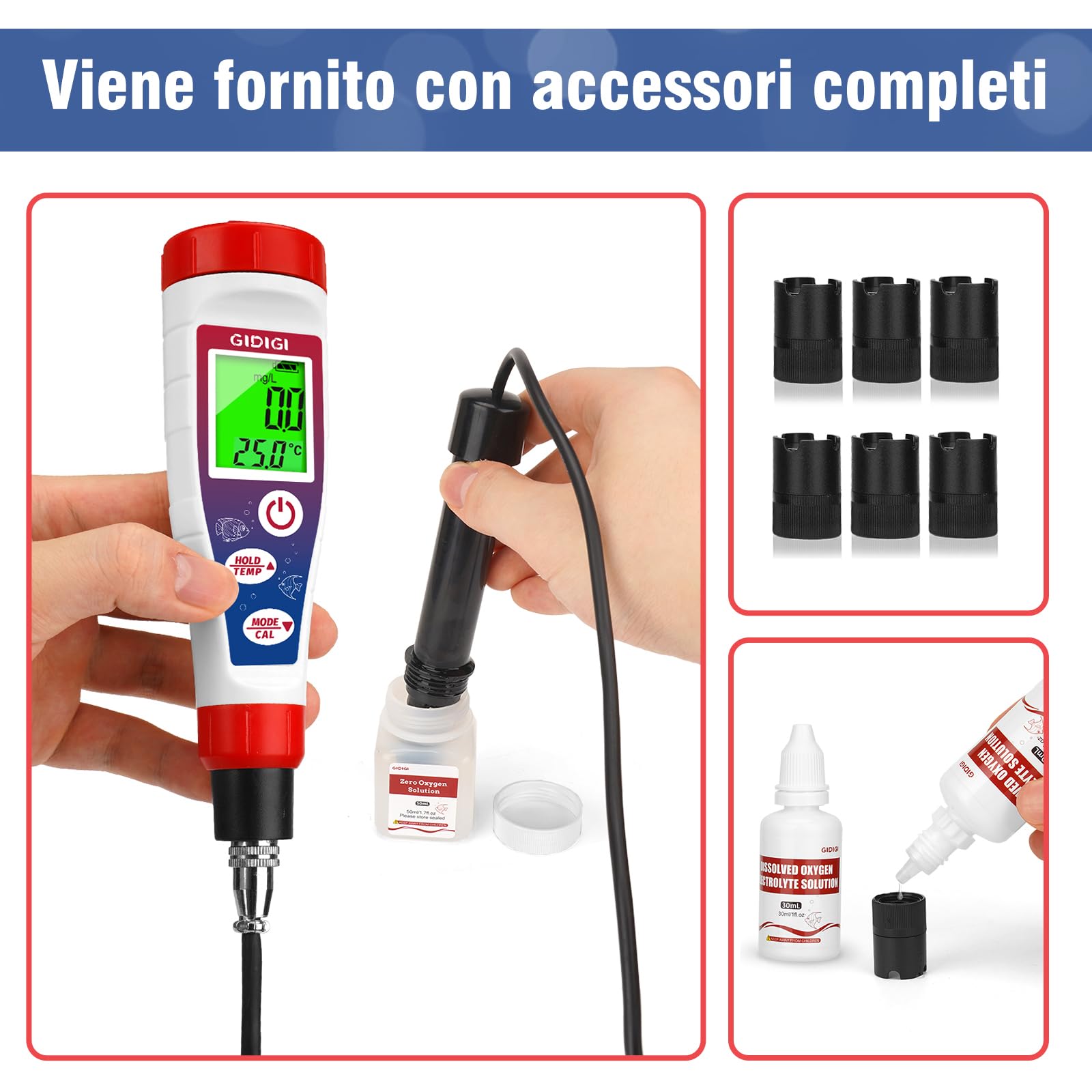 Misuratore digitale di ossigeno disciolto con cavo sonda da 4,92 piedi, analizzatore di ossigeno misuratore DO con accessori, kit di test per acquari e laghetti 0,0-40,0 mg/L per acquario, vino