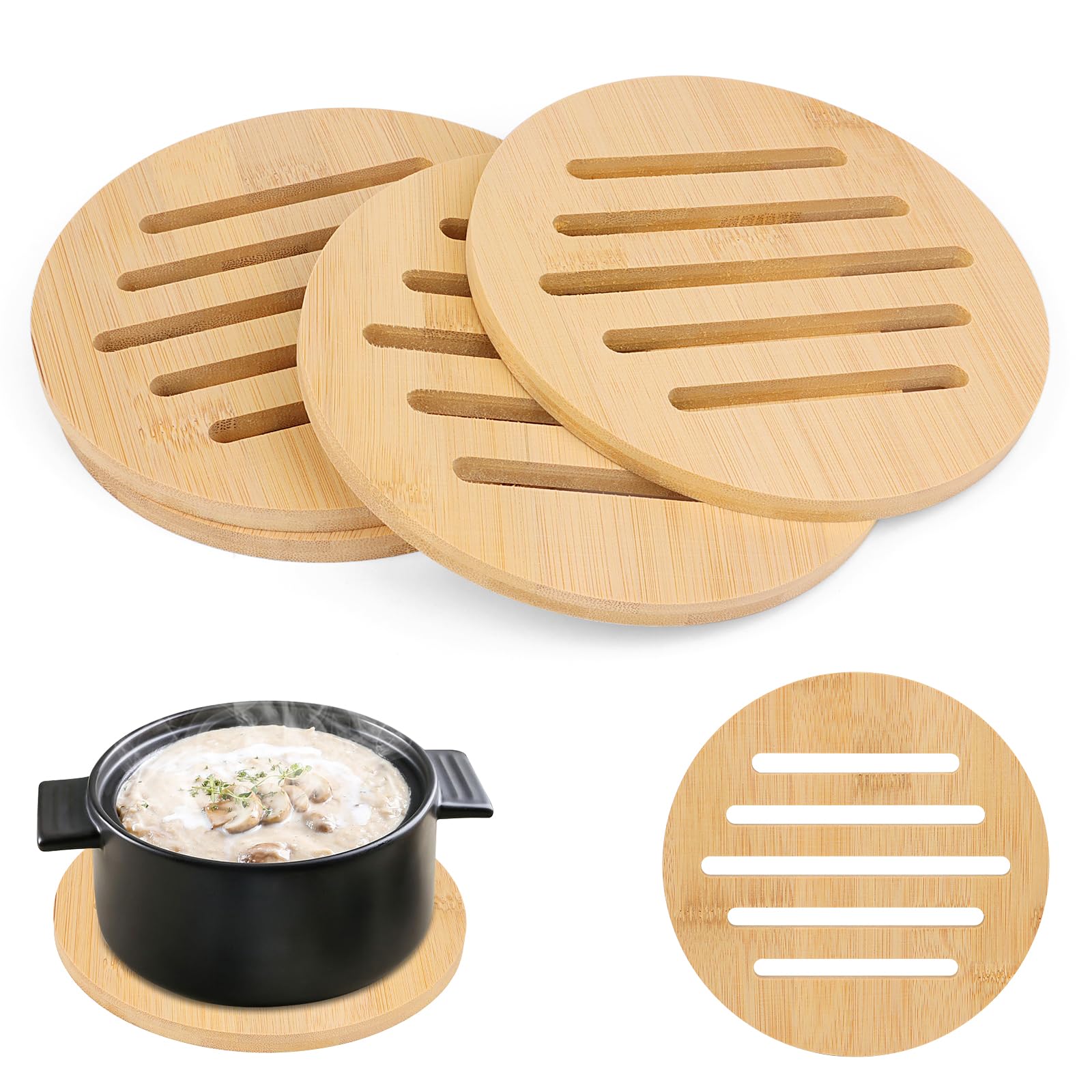 Pokinge Set di 2 Poggia Pentole Sottopentola in Legno Naturale Anti-caldo, Resistenti al Calore, per Piatti Caldi (Rotondi e Quadrati