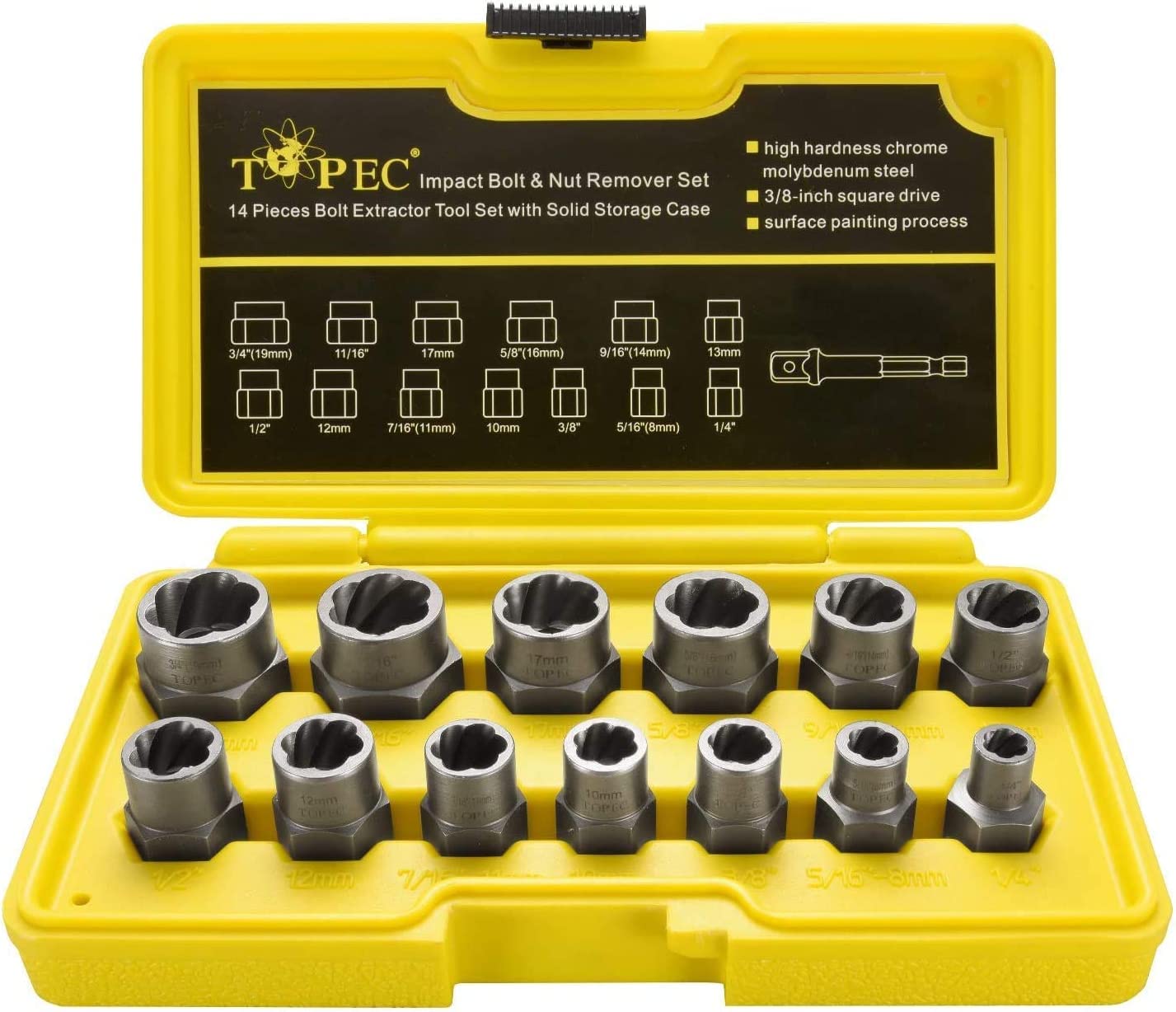 Detailed view of all YATO YT-05897 stud extractors with laser-etched sizes, including a 1/4 to 3/8 inch adapter.