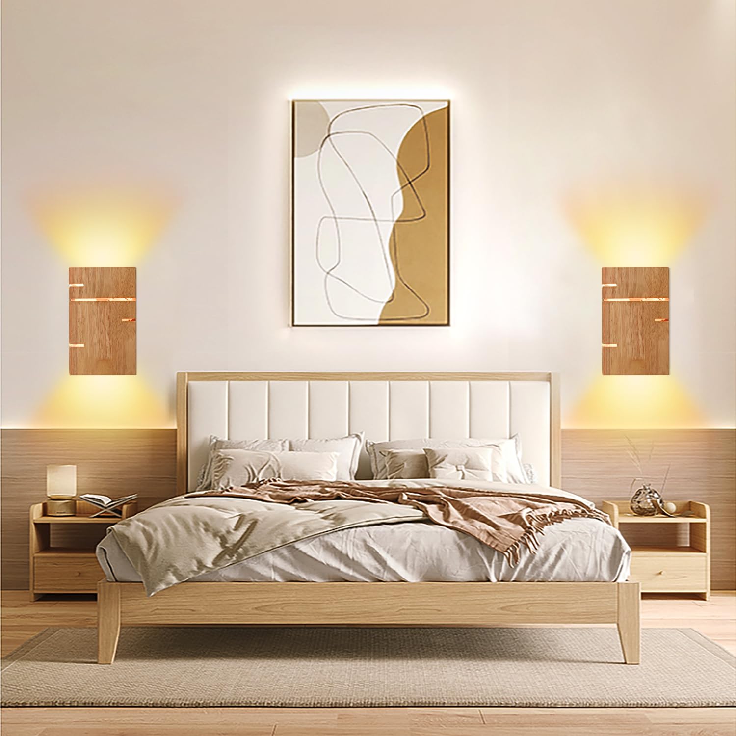 2 Stück Wandleuchte Holz Innen, E27 Vintage Wandlampe Up Down, Quadrat | Retro Wandleuchten Boho & Holz Design, inkl 2 LEDs 3000K Warmweiß, Indirekte Wandbeleuchtung für Wohnzimmer Flur Treppenhaus