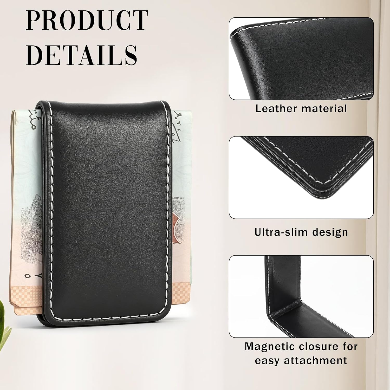 Slim Magnetic Money Clip for Men, Minimalist Design Cash Wallet, Leather Business Card Holder, Black - Ideal Gift for Father's Day, Christmas image 3