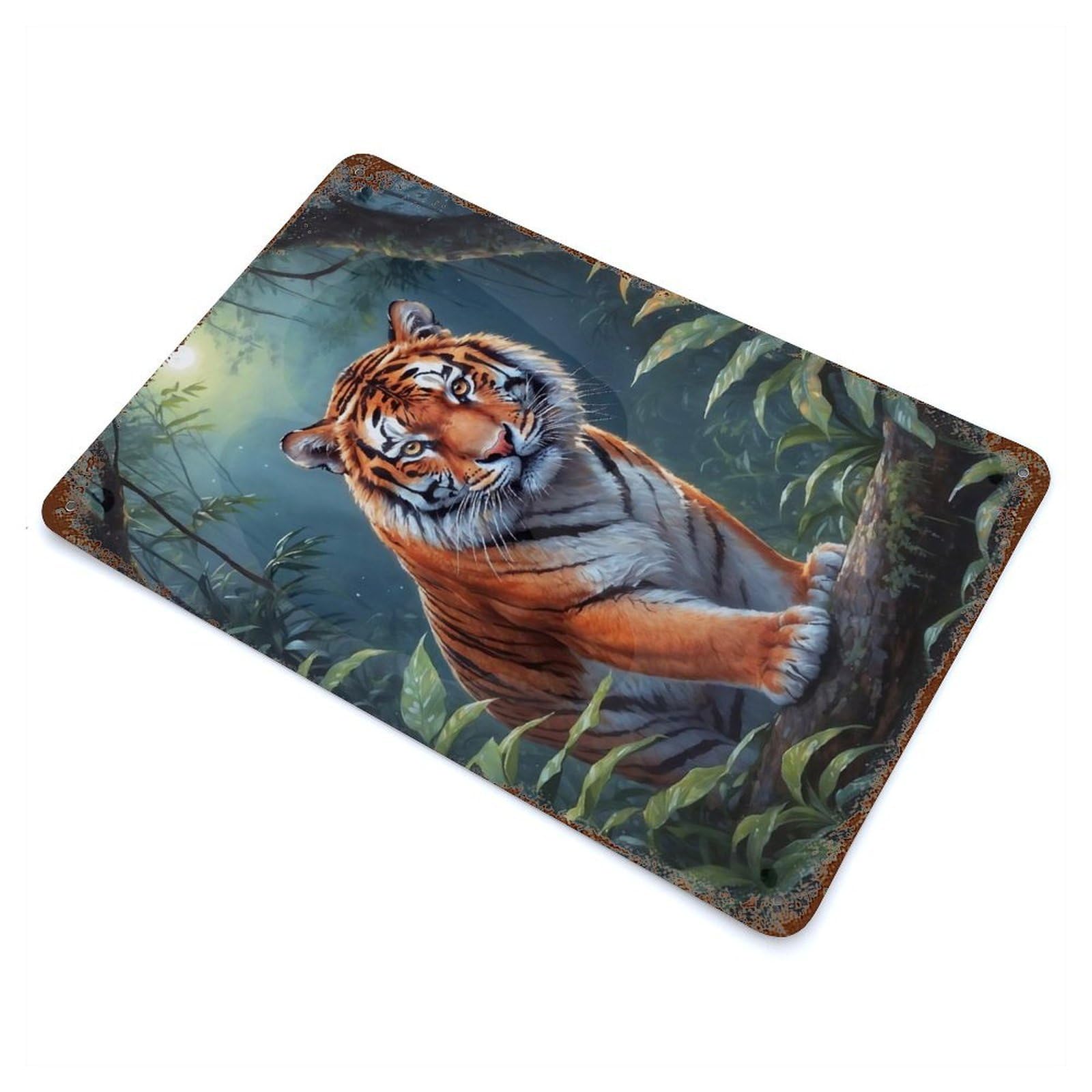 Rustic Tin Plaque with Tiger in Moonlight Jungle Design 11.8"x7.9", for Cafe, Home Bar And Lounge Decor, Industrial Home Decor