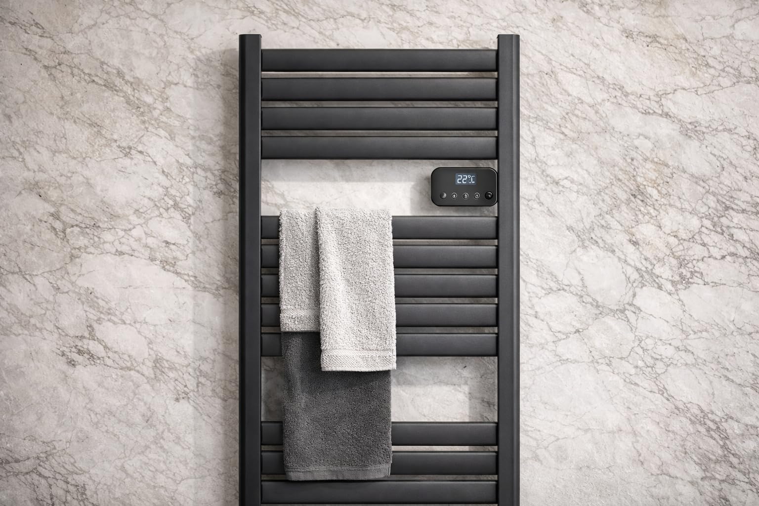 DREXON - Sèche Serviettes Électrique Noir avec Soufflerie 1500W FAENA S | Radiateur Salle de Bain Barres Plates | Programmable | Chauffage Rapide | Détection Fenêtre Ouverte | IP24
