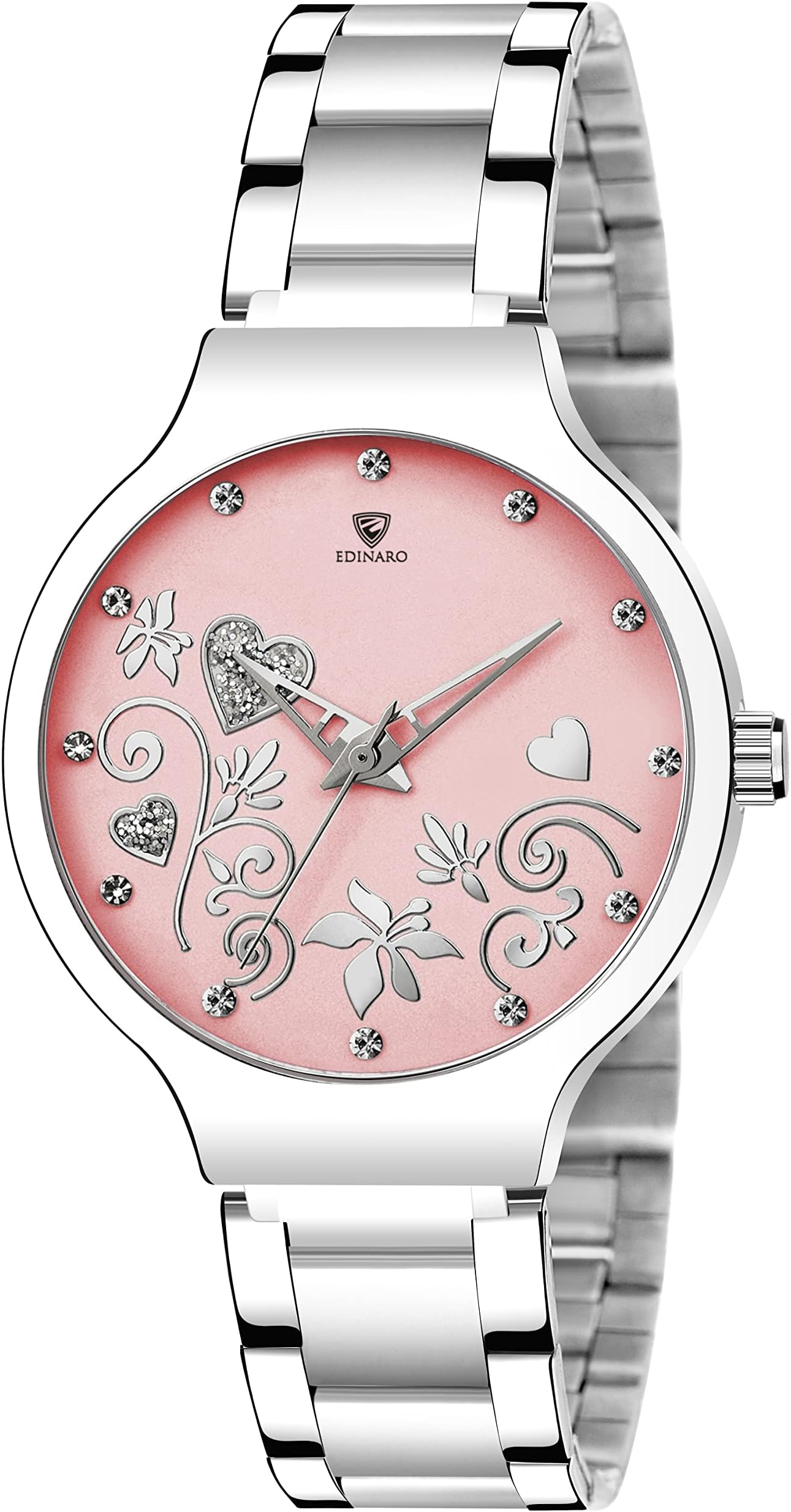 EDINARO Gorgeous Analogue Round Studded Dial Watches for Women and Ladies Watch with Stainless Steel Adjustable Bracelet Strap with Double Lock Clasp Watches for Girls