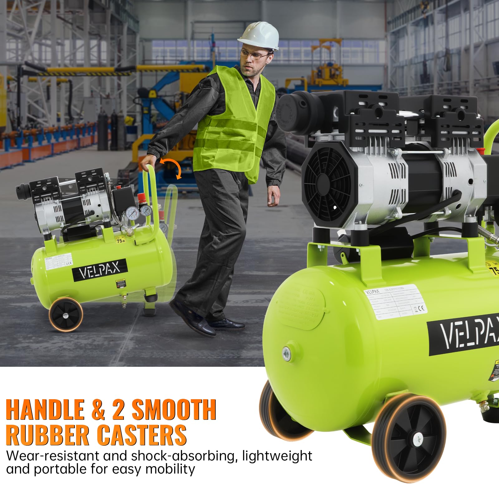 Compressore Silenzioso Oil-Free 24L, Compressore d'Aria Rumorosità 75 dB, Pressione Massima 8 Bar, Potenza 750W 160 L/Min, Pressione regolabile Raffreddamento rapido per automobili e verniciatura