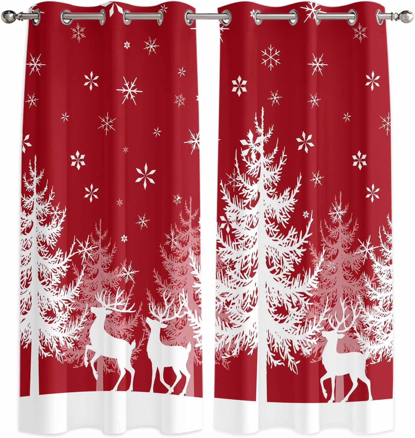 Grommet Top Window Curtains, Christmas Winter Snowflake Tree Elk Red Durable Light Blocking Windows Drapes for Kitchen/Bedroom/Living Room, Window Treatments Curtain Set of 2 Panels 42x84 in