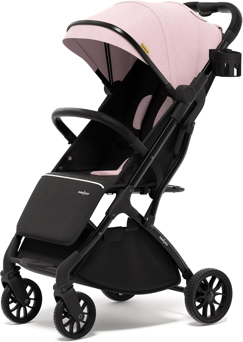newyoo GlideTow TR18 Travel Stroller, Compact & Lightweight, Pink | Newborn to toddler, foldable, self standing, 175 degree near flat recline, mesh window, trolley mode, UPF 50 canopy