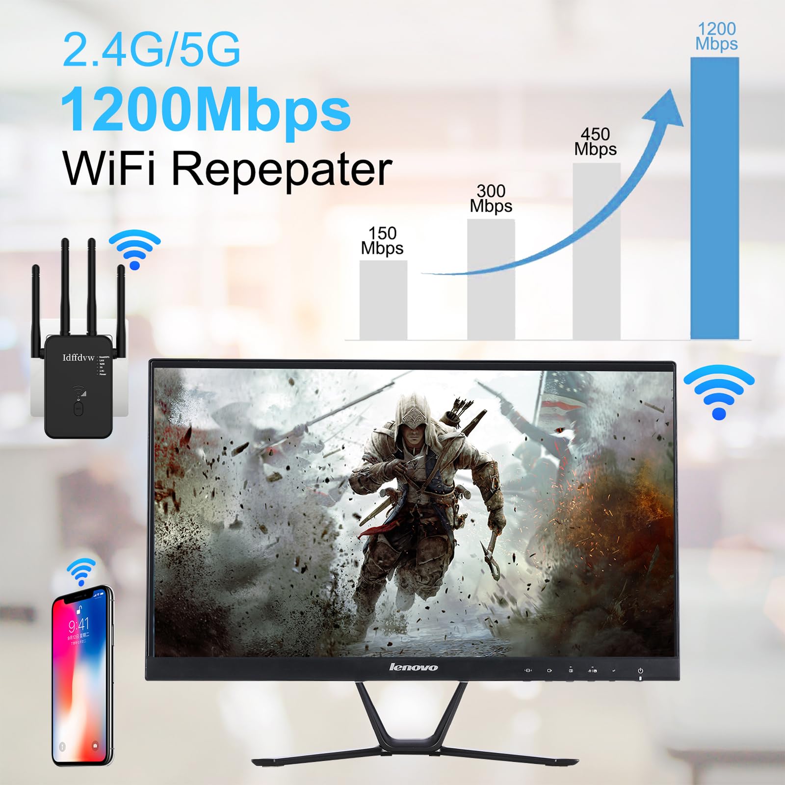 WLAN Verstärker, 1200Mbit/s WLAN Repeater, 5G & 2.4G Dualband Ultraxtender WiFi Verstärker mit LAN anschluss, WPS, Kompatibel mit 99% Standard-WiFi Routern, Deckt bis zu 9200Sq.ft und 35 Geräte