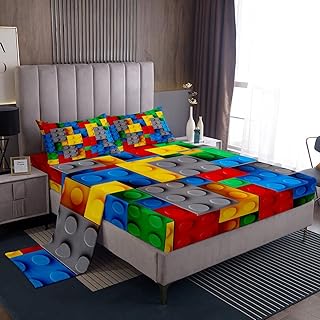 Erosebridal Construction BedÂ SheetsÂ Set Colorful SheetÂ Set 3D Building Blocks Sheets Full,Kids Boys Bricks TopÂ Sheet Watercolor Gradient Room Decor for Teen Girls,Red Yellow Green Blue Grey