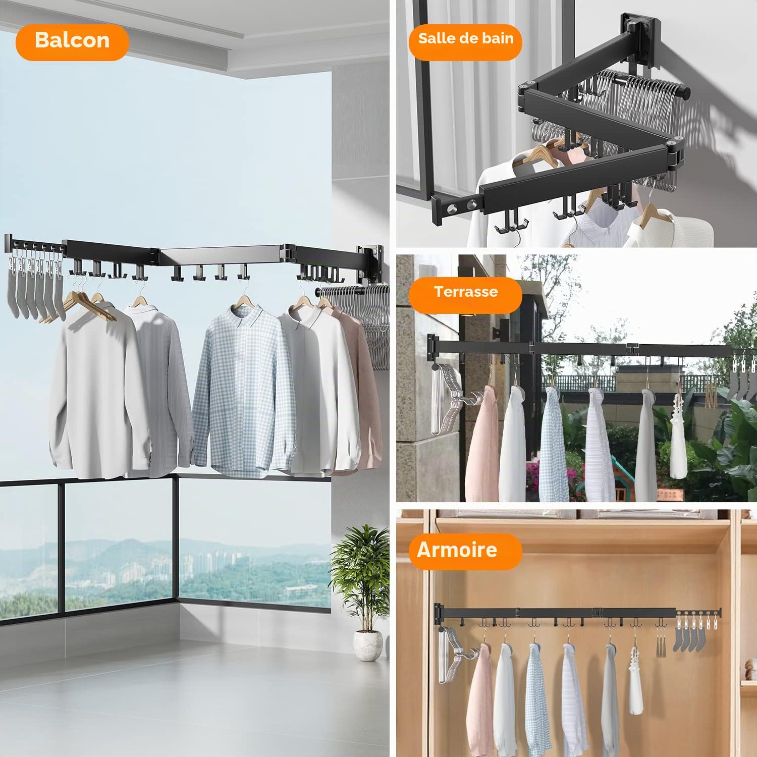 BAICIWE Étendoir à linge mural rétractable, égouttoir à linge pliable à l'intérieur, économiseur d'espace, égouttoir à vêtements pour balcon, buanderie, salle de bain, terrasse (trois plies)