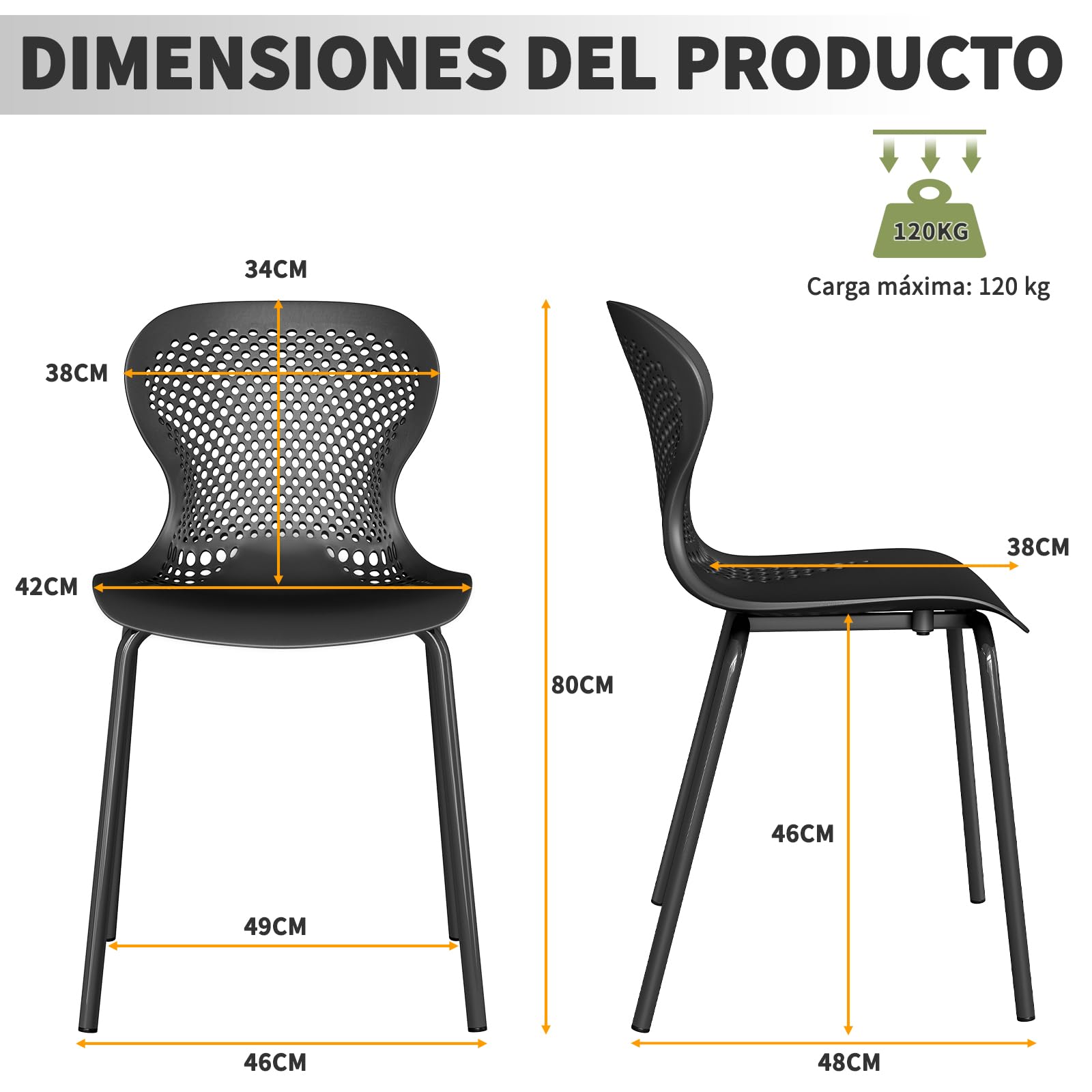 JIJIAN Pack de 6 Sillas de Jardín Apilables Negro, Sillas de Comedor de Plástico con Patas de Metal, Sillas de Cocina para Jardín, Balcón, Comedor y Terraza