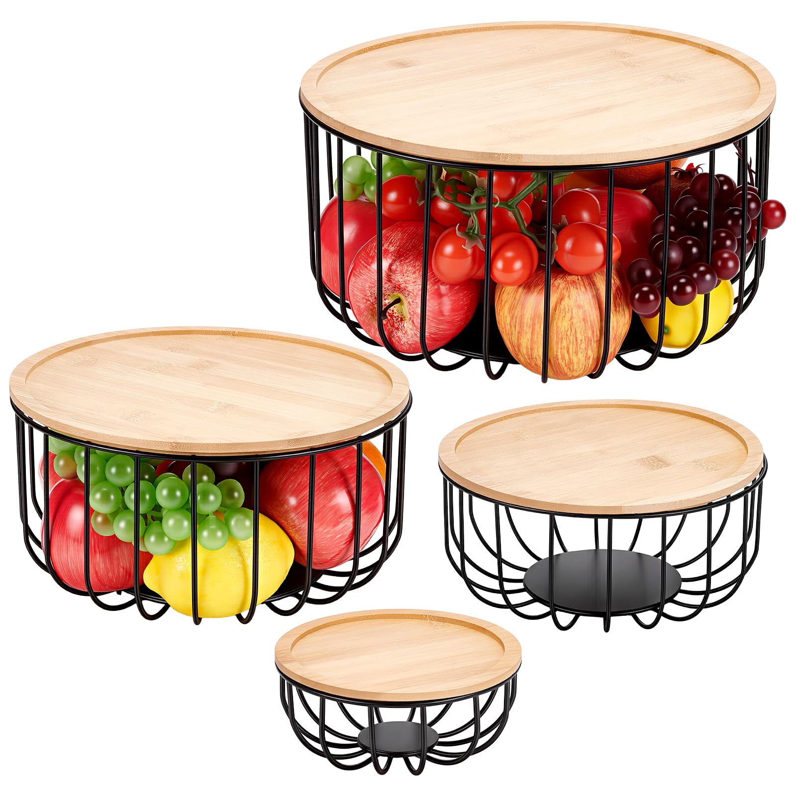 Ensemble de 4 panier à Fruits pour Comptoir de Cuisine Panier à Fruits Rond de Taille 4 avec Couvercle en Bois Bac de Comptoir pour Fruits et Légumes Citron Banane Candy(Noir)