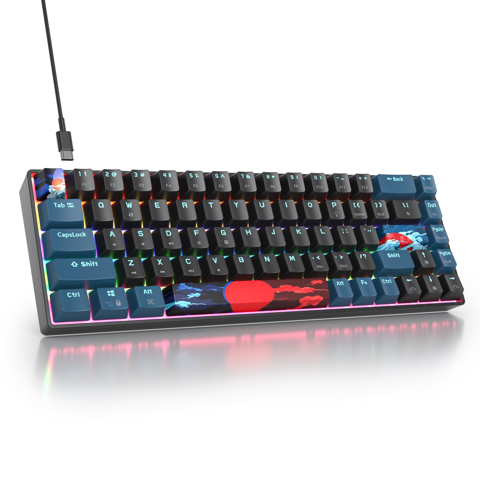 65% Tastiera Meccanica Gaming, 68 Tasti Compact Mini Tastiera 60 Percento Retroilluminazione LED,Cablato Tastiera Gaming USB, Americana QWERTY, per PC, Mac, Office, Gaming