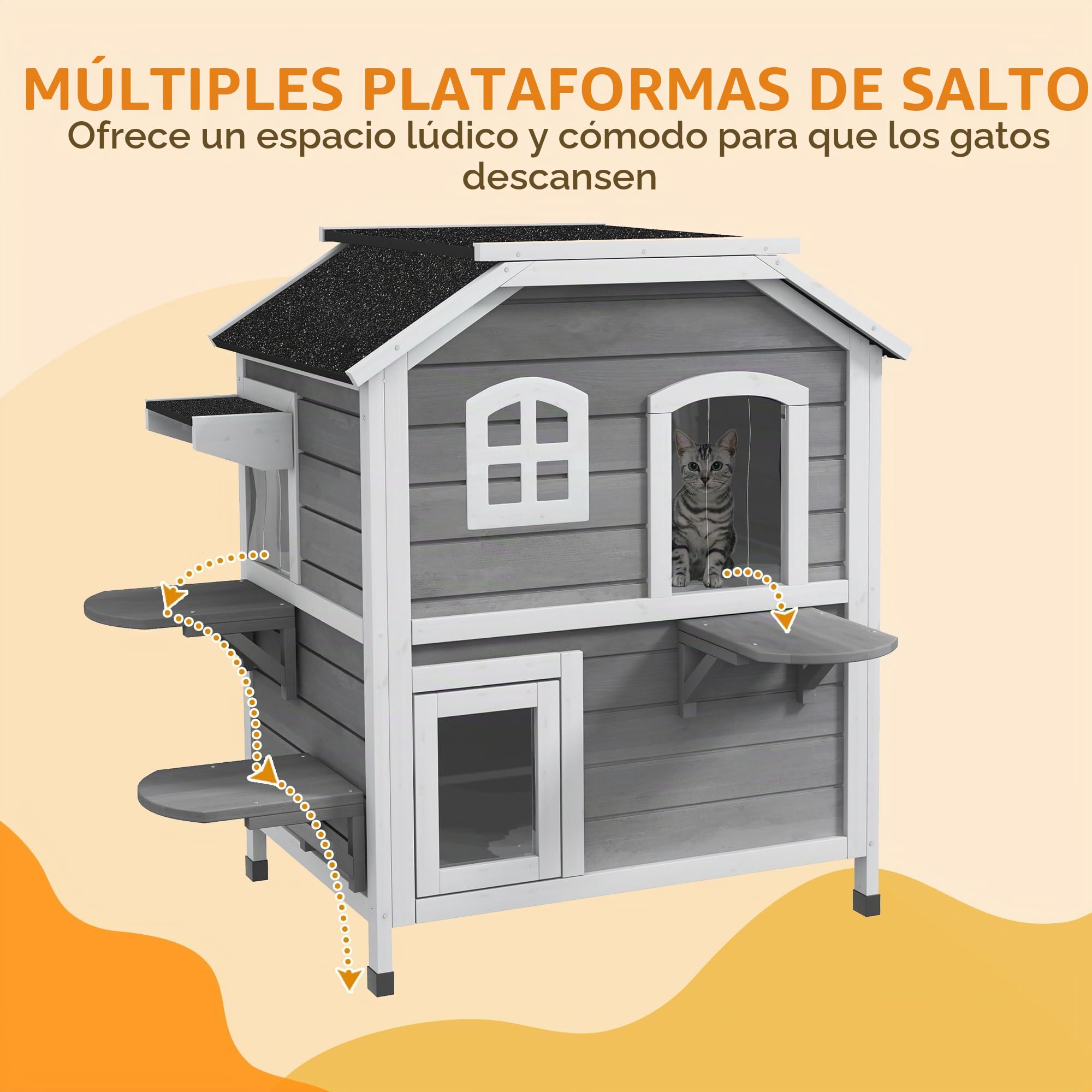 Casa para Gatos PawHut con tejado de Asfalto, caseta Exterior para Gatos con escaleras, Chalet para Gatos de 2 Plantas, Impermeable, jardín, Madera de Abeto, Gris, 78 x 55,5 x 91 cm | Impermeable, caseta para gatos con techo de asfalto, tapa plegable, esc