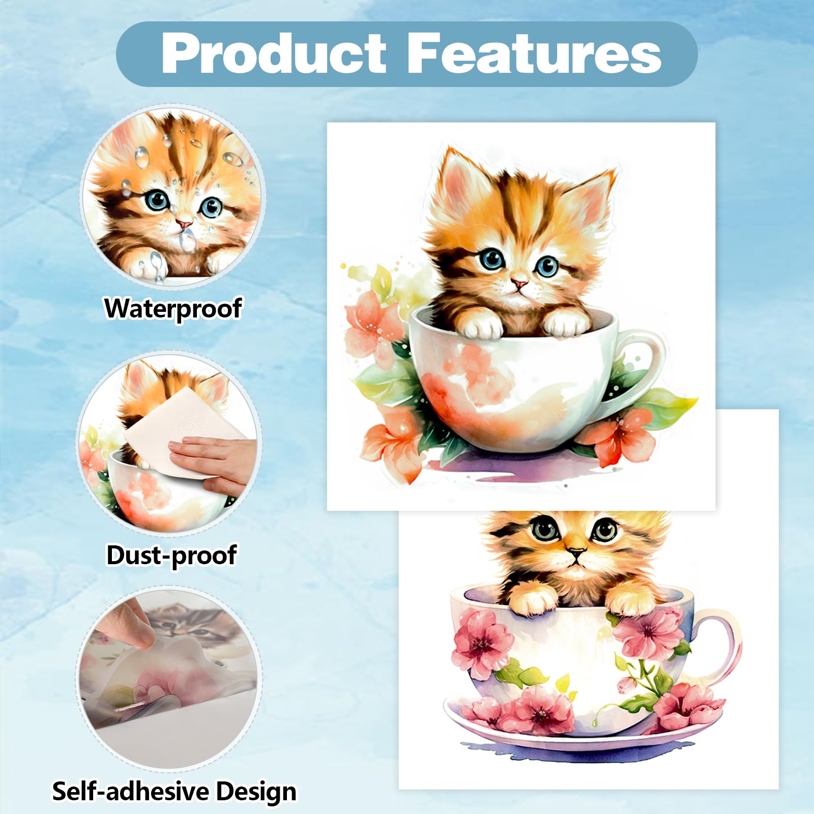 4 Piezas Pegatinas Pared Gato Autoadhesivas, 3D Gato Taza de Té Vinilos Decorativos, Retirable Vinilo Pared Infantil Gato Flor, Impermeable Vinilo Adhesivo Pared Infantil Gato, para Baño