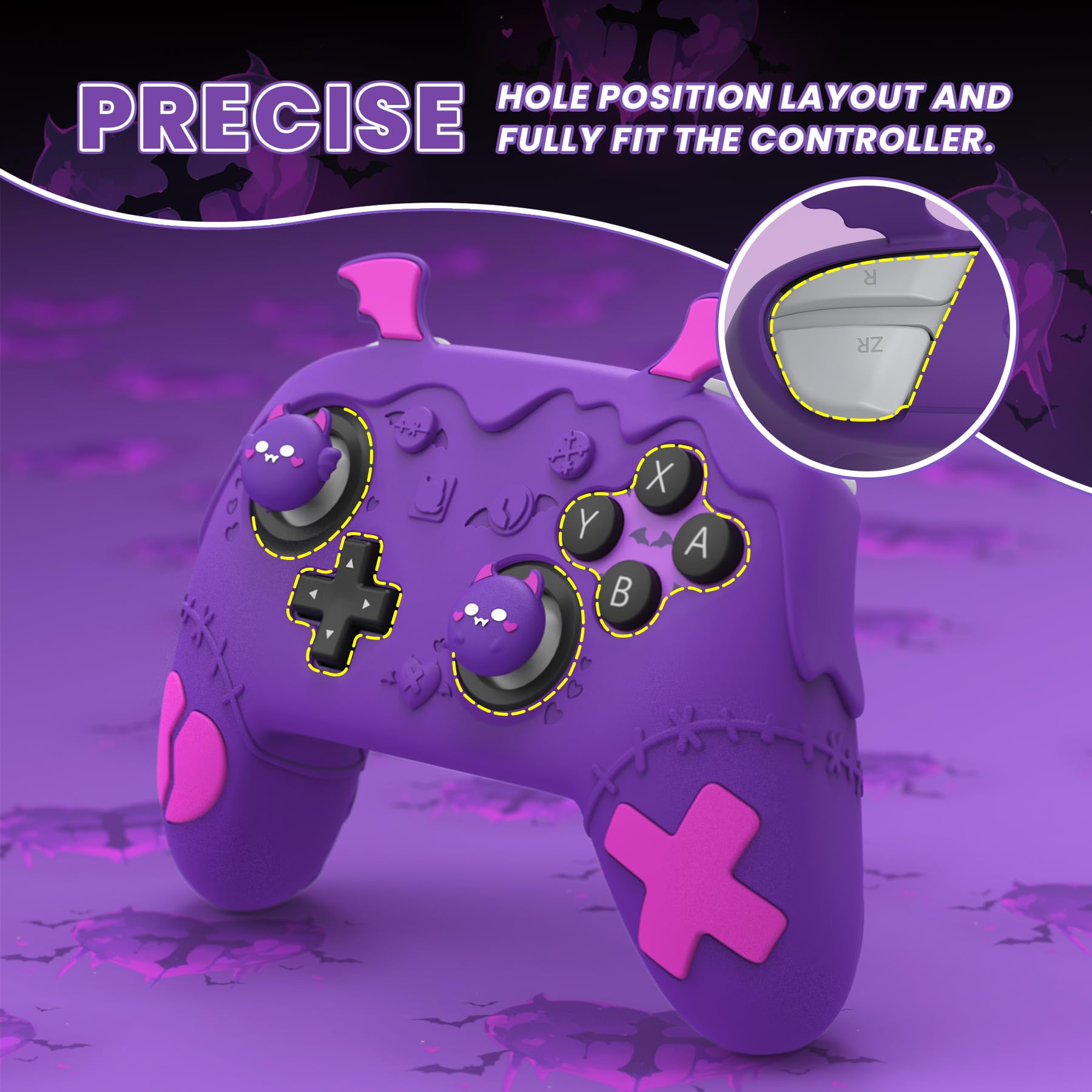 PlayVital for Nintendo Switch 2 Pro Controller Silicone Cover – Gothic Imp Series Cute Protective Skin Case for Switch 2 Pro Controller w/Back Button Caps & Thumb Grip & Sticker, Shockproof - Purple - 3