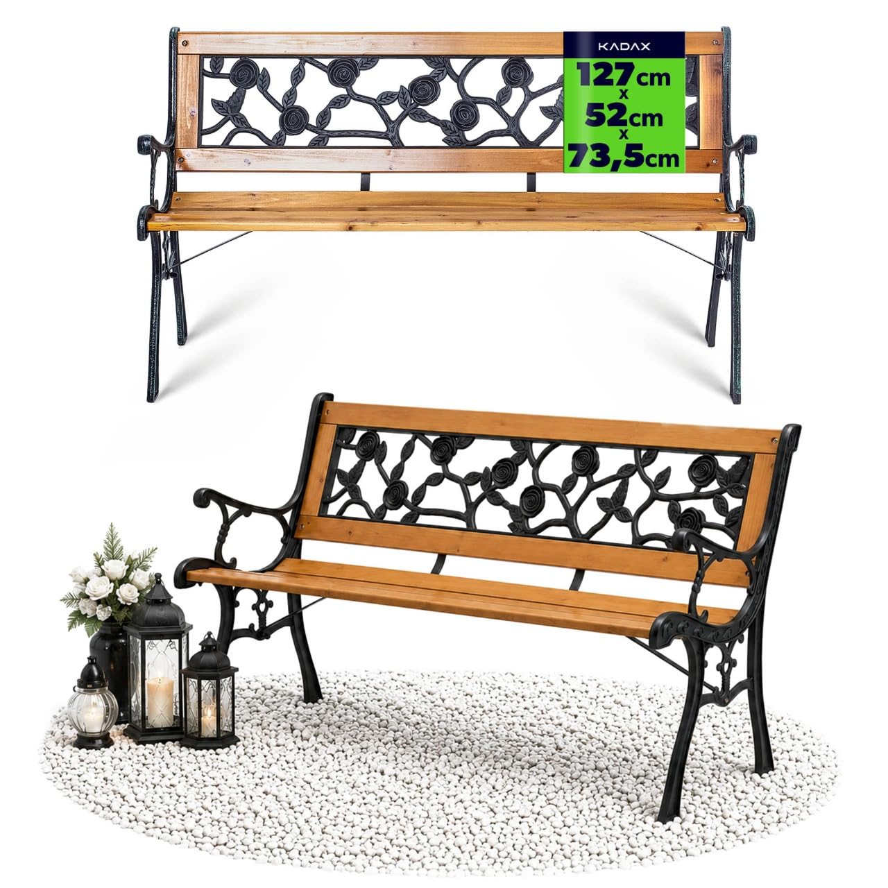 KADAX Banc de jardin en bois et fonte 2 places avec accoudoirs et dossier, banc de parc, banc extérieur pour balcon, jardin, terrasse (marron/motif rose)